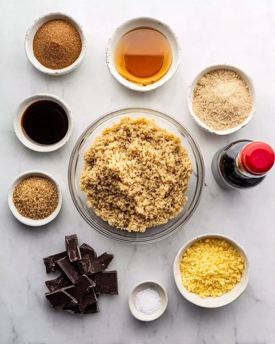 The image shows a white marbled surface with a clear glass bowl in the center filled with a crumbly, light brown mixture. Around the bowl are seven small white bowls containing different ingredients: a brown sugar, a golden liquid honey, a dark brown thick sauce in a bottle with a red cap, a light tan powder, small dark chocolate chunks, a yellowish crumbly mixture, and a small amount of salt. Everything is neatly arranged and evenly spaced. photo taken with an iphone --ar 4:5 --v 7
