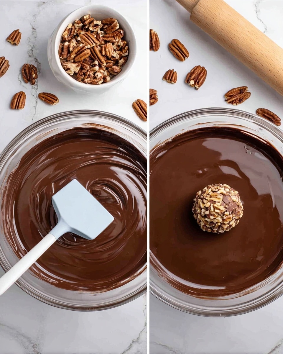 Two side-by-side images show a clear glass bowl filled with smooth, dark brown melted chocolate placed on a white marbled surface. In the left image, a white spatula is resting in the melted chocolate, creating a soft swirl texture on the surface. Above the bowl on the marbled surface is a small white bowl filled with halved pecans, with some pecans scattered loosely around it. In the right image, a small round ball coated in crushed pecans is placed in the center of the melted chocolate, which still has a smooth sheen. A wooden rolling pin rests diagonally in the top right corner of the image. photo taken with an iphone --ar 4:5 --v 7