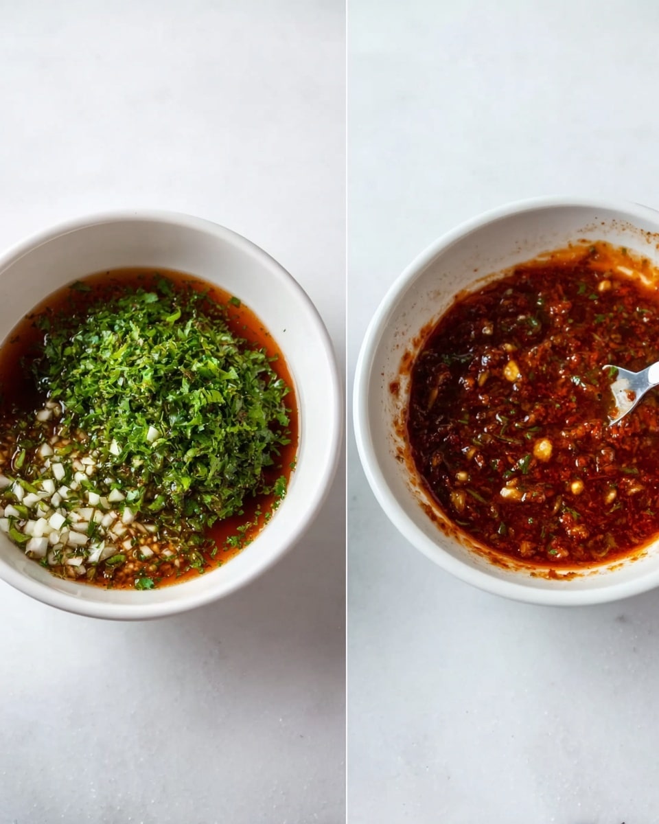 The image shows two white bowls placed on a white marbled surface. The left bowl contains three layers: a bottom reddish-brown sauce, a middle layer of finely chopped white garlic pieces, and a top layer of fresh bright green chopped herbs. The right bowl shows the same mix stirred together into a thick reddish-brown sauce with visible small white garlic bits spread evenly inside it. The bowls are simple and clean, highlighting the rich colors and textures inside them. photo taken with an iphone --ar 4:5 --v 7