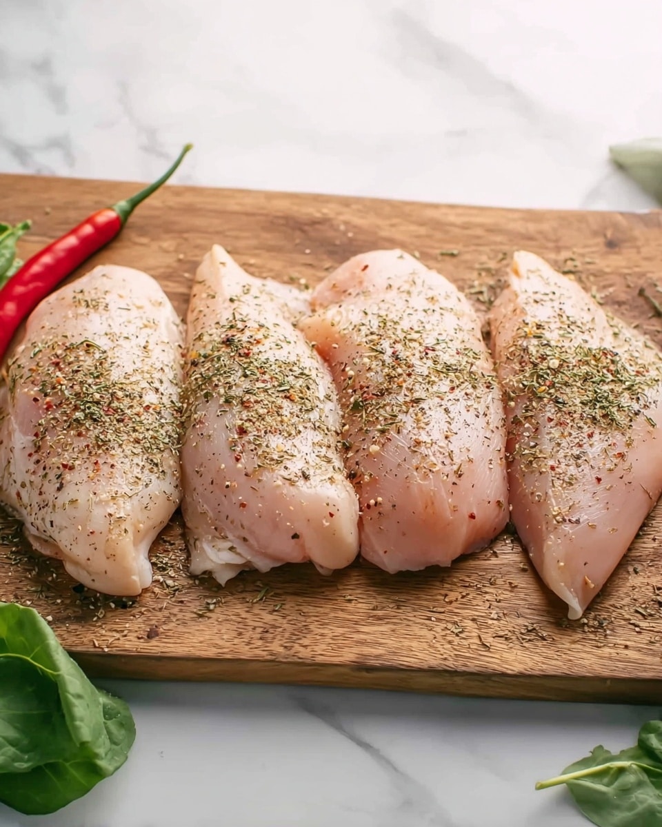 Four raw chicken pieces are placed side by side on a wooden cutting board, each sprinkled evenly with a mix of black pepper and dried herbs. The chicken pieces are pale pink with a smooth texture. The board is set on a white marbled surface, and a green leafy vegetable and a red chili pepper are visible on the sides as decoration. The lighting is soft and natural, highlighting the freshness of the chicken and the seasoning. photo taken with an iphone --ar 4:5 --v 7