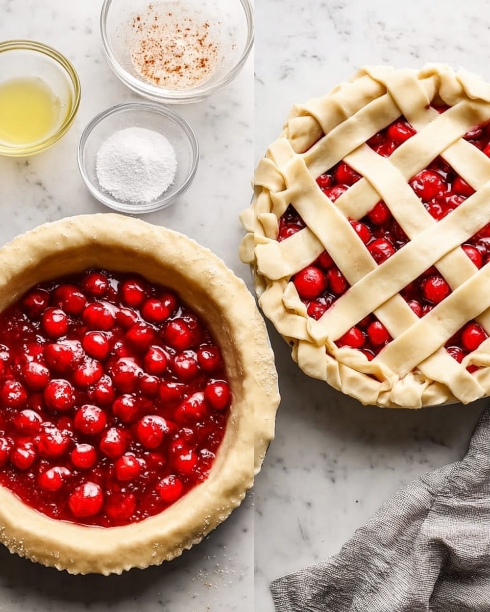 The image shows two views of a cherry pie being made on a white marbled surface. On the left, the pie crust is in a round pan with the edges folded outward, filled with bright red cherries covered in a shiny syrup, and a light sprinkle of cinnamon or spice on top of the crust edge. On the right, the same cherry pie now has a lattice crust made of thick, pale dough strips arranged in a crisscross pattern, covering part of the red cherry filling. The pie edges are crimped neatly, and around the pie are small glass bowls with white sugar and a light yellow liquid, with a gray and white cloth also partly visible. Photo taken with an iphone --ar 4:5 --v 7