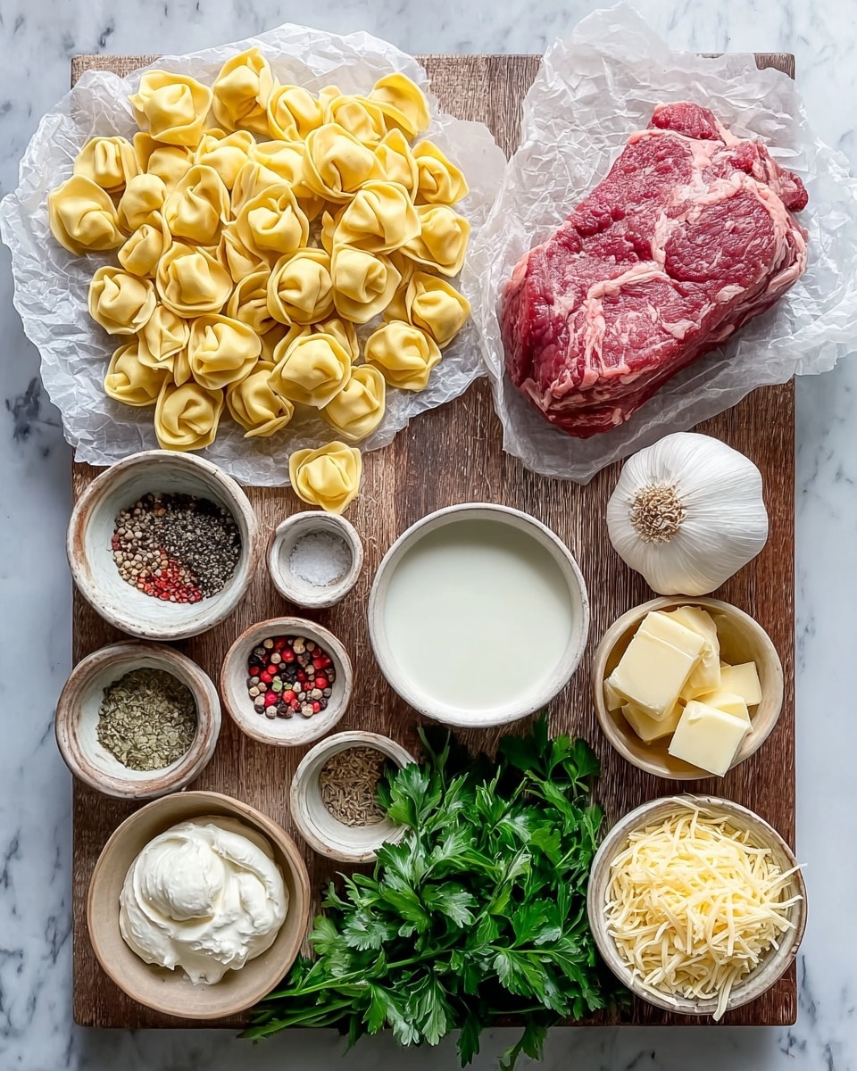 A wooden board on a white marbled surface holds neatly arranged ingredients: a pile of yellow tortellini pasta on crumpled parchment paper in the top left, a raw red and white marbled piece of meat on crumpled parchment paper in the right center, a bunch of fresh green parsley in the top right, a whole white garlic bulb in the bottom left, and small ceramic bowls with colorful whole peppercorns, coarse salt, black pepper, sliced butter, melted butter, shredded pale yellow cheese, a bowl of white cream, and a bowl of white liquid, all spaced evenly around the board. photo taken with an iphone --ar 4:5 --v 7