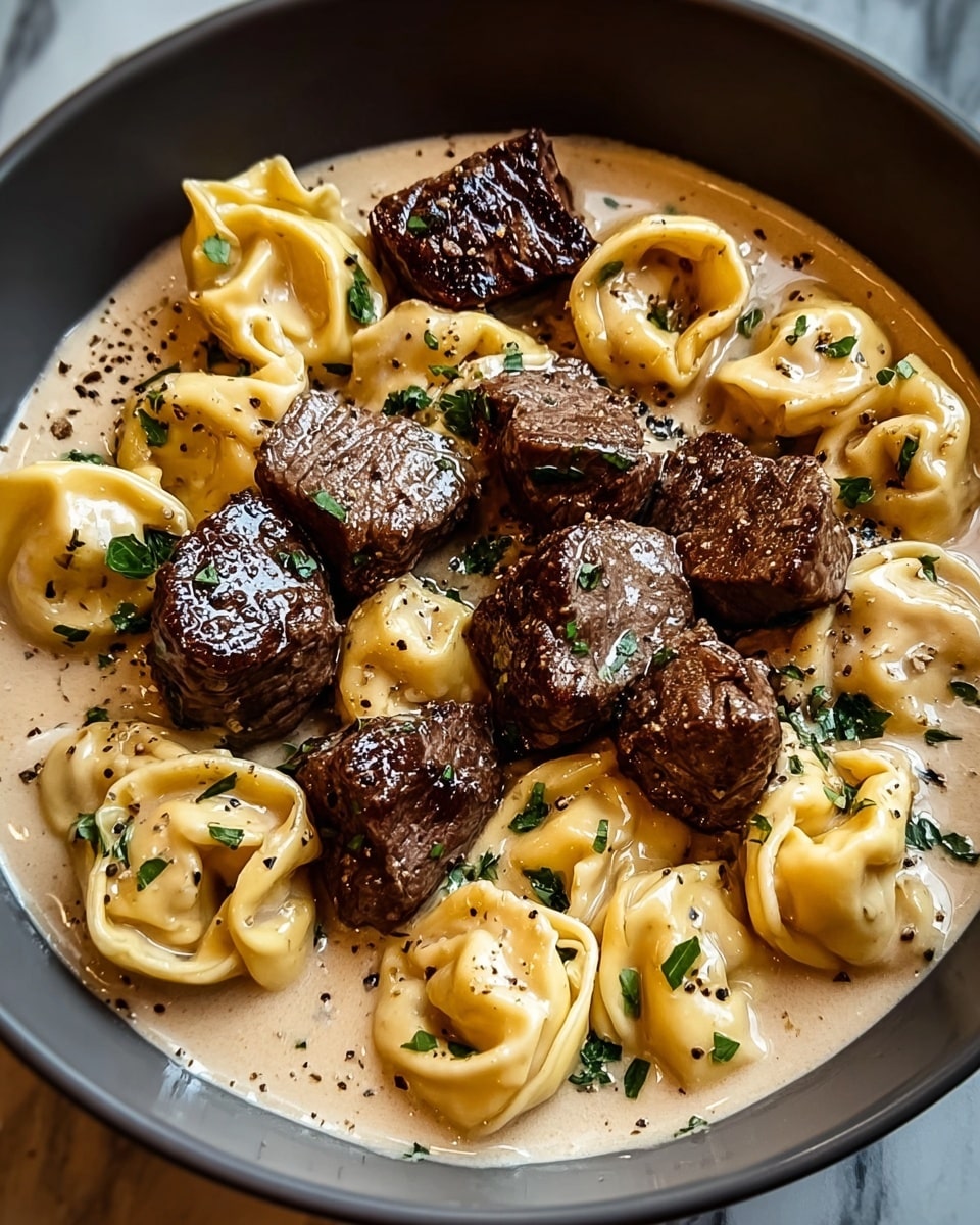 The dish shows a white bowl filled with three main layers: a creamy light brown sauce at the bottom with a smooth texture, yellow tortellini pasta pieces resting on top of the sauce, and several browned, seared chunks of beef scattered evenly across the pasta. Small green parsley pieces are sprinkled over the dish, and coarse black pepper flecks are visible throughout. The beef pieces have a shiny, caramelized surface, contrasting with the soft pasta and creamy sauce. The bowl is placed on a white marbled surface. Photo taken with an iphone --ar 4:5 --v 7