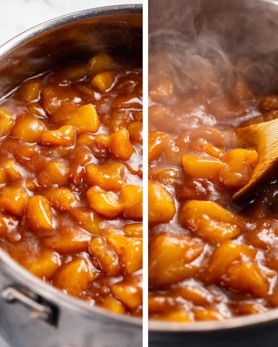 The image shows a pot filled with a thick, glossy fruit mixture that looks like cooked apples with cinnamon. The fruit pieces are golden yellow and light brown, covered in a shiny brown sauce with a slightly sticky texture. A wooden spoon is partially visible stirring the fruit, and steam rises gently from the pot. The close-up view highlights the soft, tender texture of the fruit coated in the warm sauce. The background is a white marbled texture photo taken with an iphone --ar 4:5 --v 7