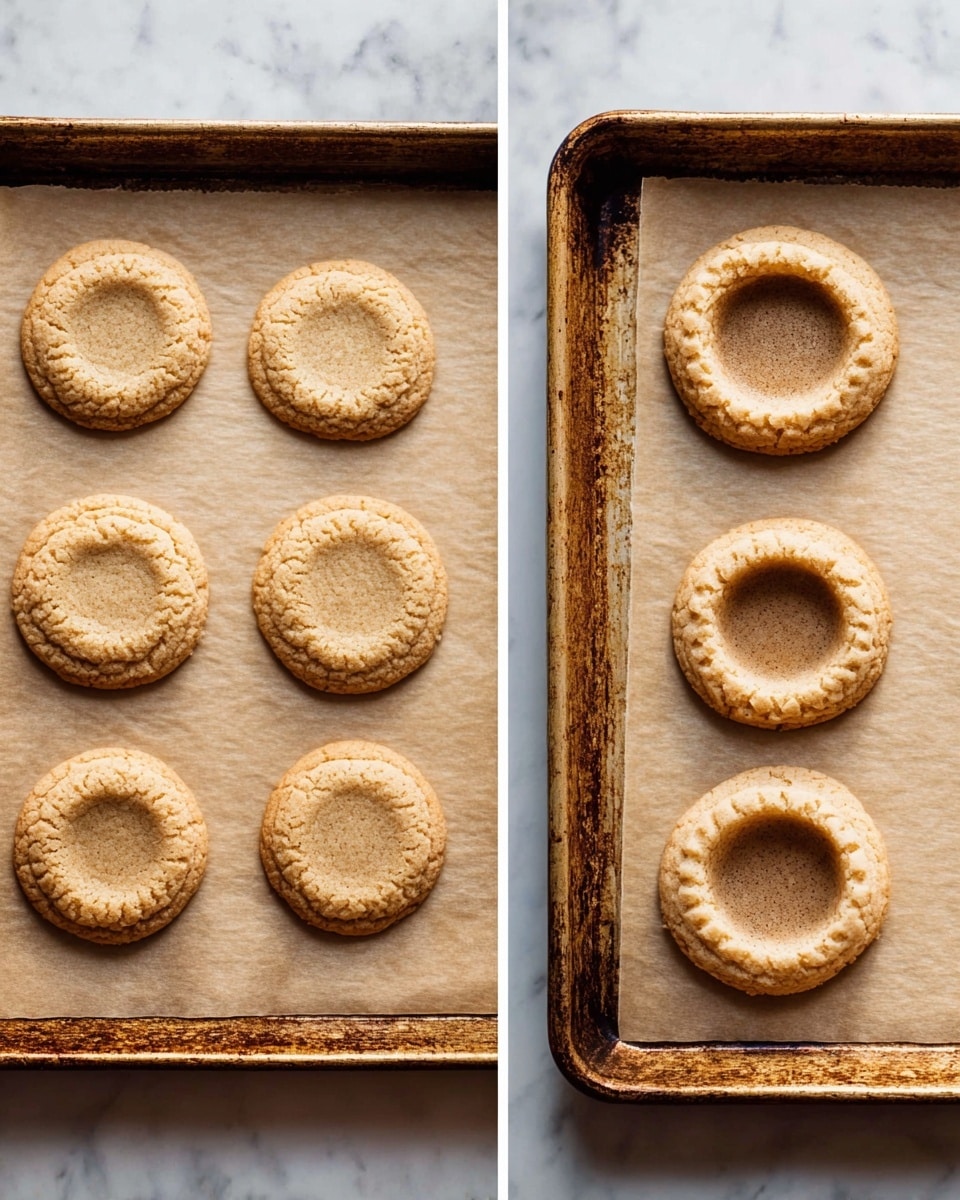 Two side-by-side close-up images of a baking tray lined with parchment paper on a white marbled surface. The left image shows five round cookies with a light brown, slightly textured surface and raised edges. The right image shows the same five cookies, but each cookie now has a hollowed-out center forming a shallow bowl shape, still retaining their light brown color and textured edges. The tray has a slightly rusty edge, and the overall scene is warm-lit, showing the baking process stages. photo taken with an iphone --ar 4:5 --v 7