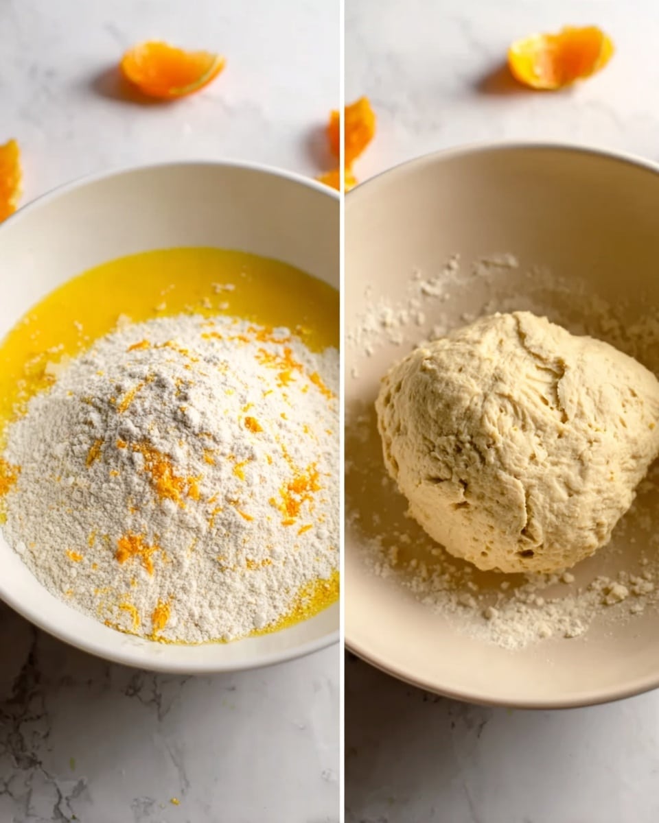 The image shows two side-by-side photos of a white bowl placed on a white marbled surface. In the left photo, the bowl contains three clear layers: a base layer of yellow liquid on the bottom right, a large mound of white flour covering most of the bowl, and small orange specks sprinkled on top of the flour. In the right photo, the bowl holds a rough, light beige dough ball with a slightly uneven surface, sitting in the center of the bowl with small bits of flour around the edges. Both photos have some orange peels scattered in the background. Photo taken with an iphone --ar 4:5 --v 7