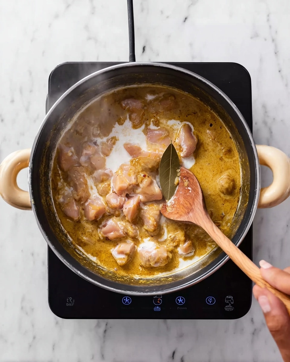 The image shows a top view of a black pot on a black electric stove with beige handles on each side, placed on a white marbled surface. Inside the pot, there are raw pieces of light pink chicken mixed with a thick yellowish-brown sauce layered with white liquid cream. A wooden spoon with a bay leaf on it is stirring the mixture, held by a woman's hand coming from the right side. Steam rises gently from the cooking pot, adding a sense of heat and freshness to the scene. Photo taken with an iphone --ar 4:5 --v 7