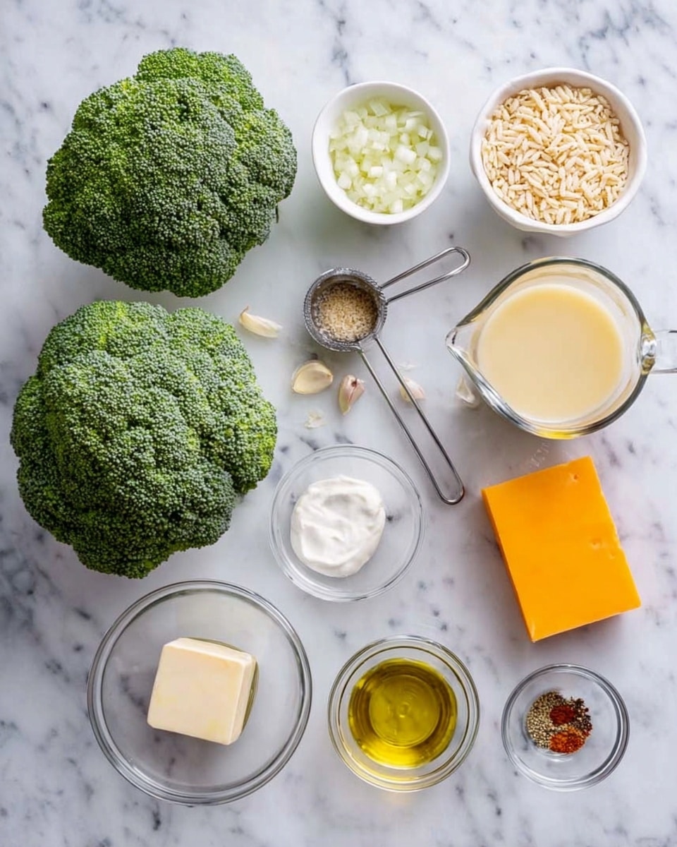 On a white marbled surface, there are two bright green broccoli heads placed side by side on the left. To the right, small white bowls and clear glass bowls are neatly arranged in two rows. At the top row, from left to right, there is a small white bowl filled with chopped white onions, a metal measuring cup with uncooked orzo pasta, and a clear measuring jug filled with pale yellow broth. The bottom row has a clear glass bowl with a small square of butter, another clear bowl with golden olive oil, a small bowl with seasoning including black pepper and paprika, a clear bowl with minced garlic, a rectangular block of cheddar cheese in bright orange, and a metal measuring cup holding white cream. The layout is clean and organized, showing all the ingredients clearly. Photo taken with an iphone --ar 4:5 --v 7