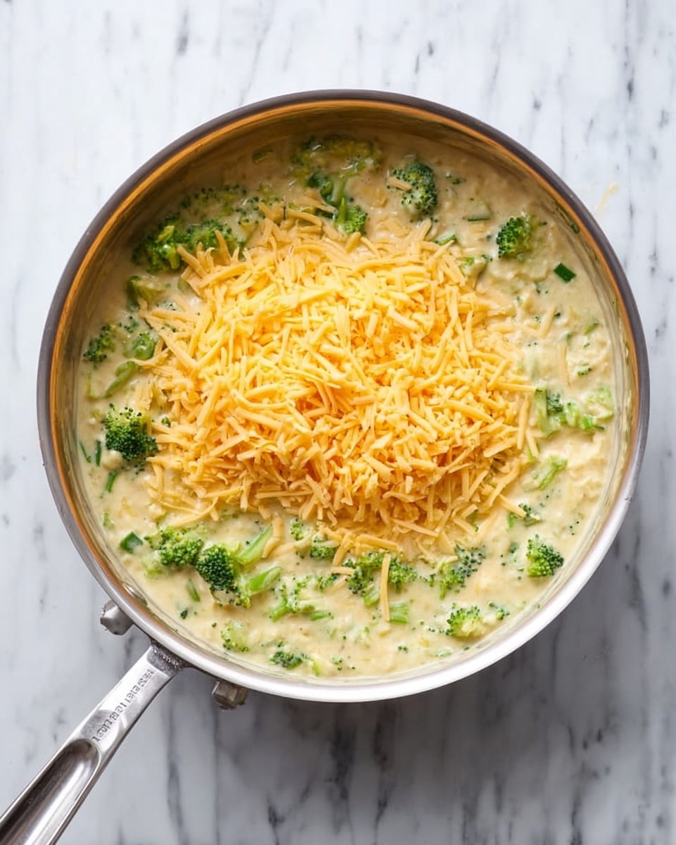 A shiny silver pan sits on a white marbled surface, filled with a creamy mixture that has small pieces of green broccoli evenly spread throughout. On top of this creamy base is a generous pile of shredded orange cheddar cheese, creating a clear contrast with the green broccoli and pale sauce underneath. The pan handle extends to the side, and the whole scene is well lit with natural light. photo taken with an iphone --ar 4:5 --v 7