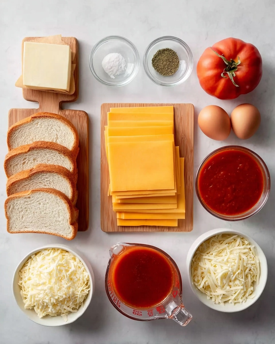 The image shows a neat layout of ingredients on a white marbled surface. On the left side, there are two small wooden boards; the first board holds six slices of white bread and six slices of wheat bread stacked side by side, a stick of butter, and a block of cream cheese. Above this board are two small clear bowls with dried green herbs and white powder. The second wooden board in the center has a stack of ten yellow cheese slices neatly arranged. To the right of the boards are fresh ingredients including one red tomato, two brown eggs, a glass measuring cup filled with thick red tomato sauce, a smaller glass measuring cup with thinner red tomato liquid, and a white bowl full of shredded white cheese. Everything is organized cleanly with bright lighting. photo taken with an iphone --ar 4:5 --v 7