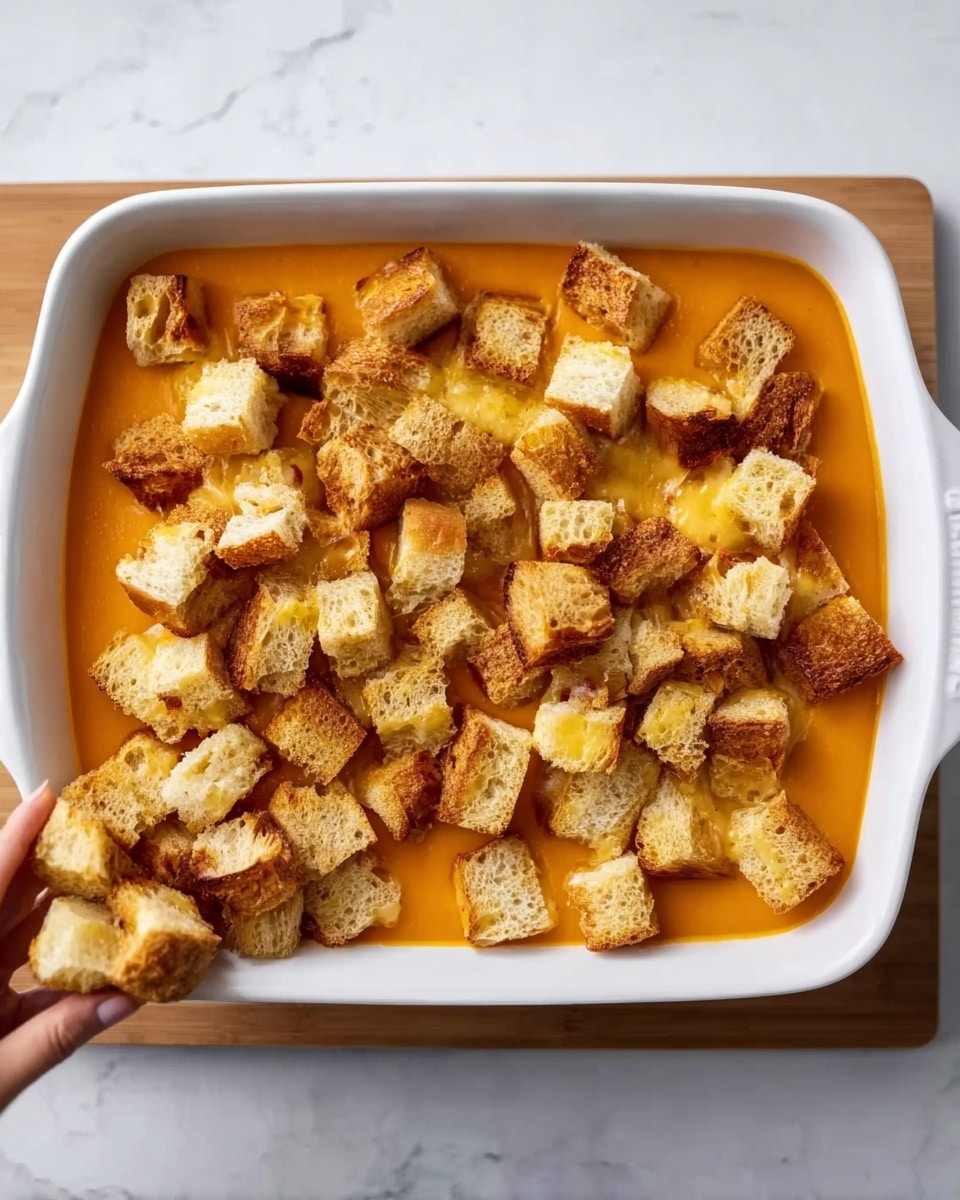 A white rectangular dish filled with a bottom layer of smooth, bright orange soup. On top, there is a thick layer of small, golden-brown toasted bread cubes spread widely across the soup surface. The bread pieces show a crunchy texture and some have melted yellow cheese inside. Next to the dish, on a wooden board on a white marbled surface, a woman's hand is placing more of the small toasted bread cubes. The overall scene is clean and well-lit, highlighting the contrast between the bright soup and the golden bread cubes. photo taken with an iphone --ar 4:5 --v 7