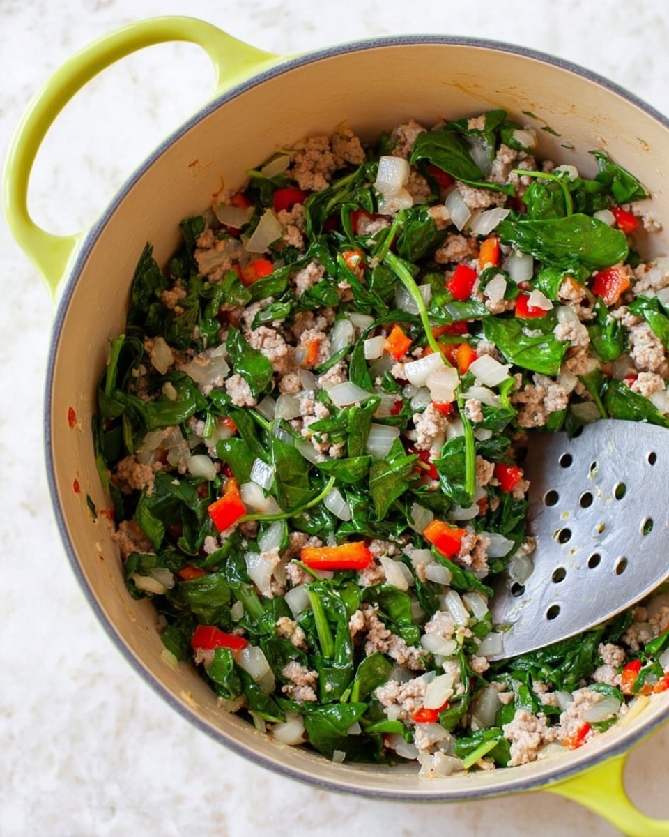 A close-up view of a light yellow cooking pot with light green handles containing cooked ground meat mixed with bright green spinach leaves, small diced red bell pepper pieces, and translucent white onion chunks. A silver spatula with holes is placed inside the pot on the right side, partly covered with the food mixture. The pot sits on a white marbled surface. The image shows a textured mix of soft and fresh ingredients, giving a colorful and fresh feel. photo taken with an iphone --ar 4:5 --v 7