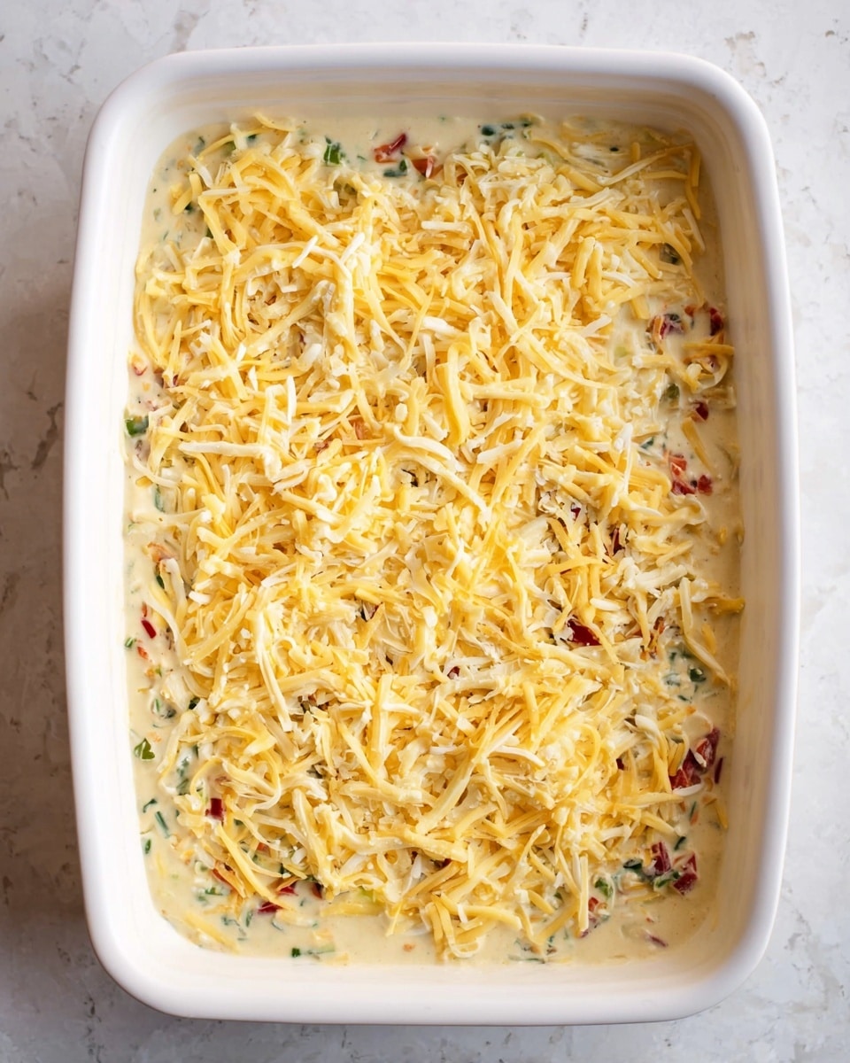 A white rectangular baking dish filled with a thick creamy mixture as the first layer, showing bits of green and red vegetables throughout, topped with a layer of shredded yellow and white cheese spread evenly across the surface. The dish sits on a white marbled surface, and the cheese layer has a soft, slightly textured look with some small holes and curls. Photo taken with an iphone --ar 4:5 --v 7