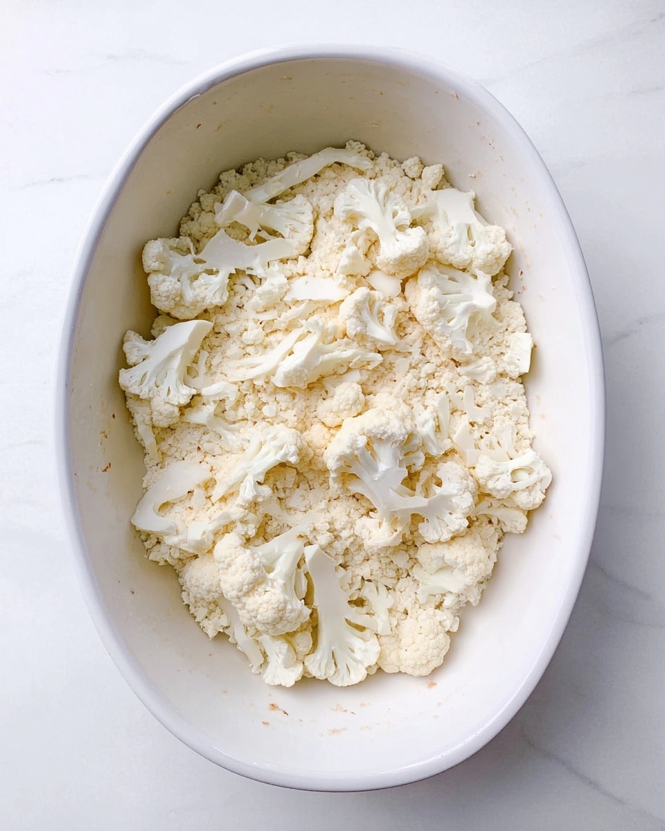 A white oval dish holds one layer of chopped raw cauliflower florets spread evenly inside. The florets are off-white with a slightly rough texture, showing the natural patterns of the cauliflower’s crown and stems. The dish’s inner surface is smooth, with some light brown seasoning marks around the edges. The dish sits on a white marbled surface. photo taken with an iphone --ar 4:5 --v 7