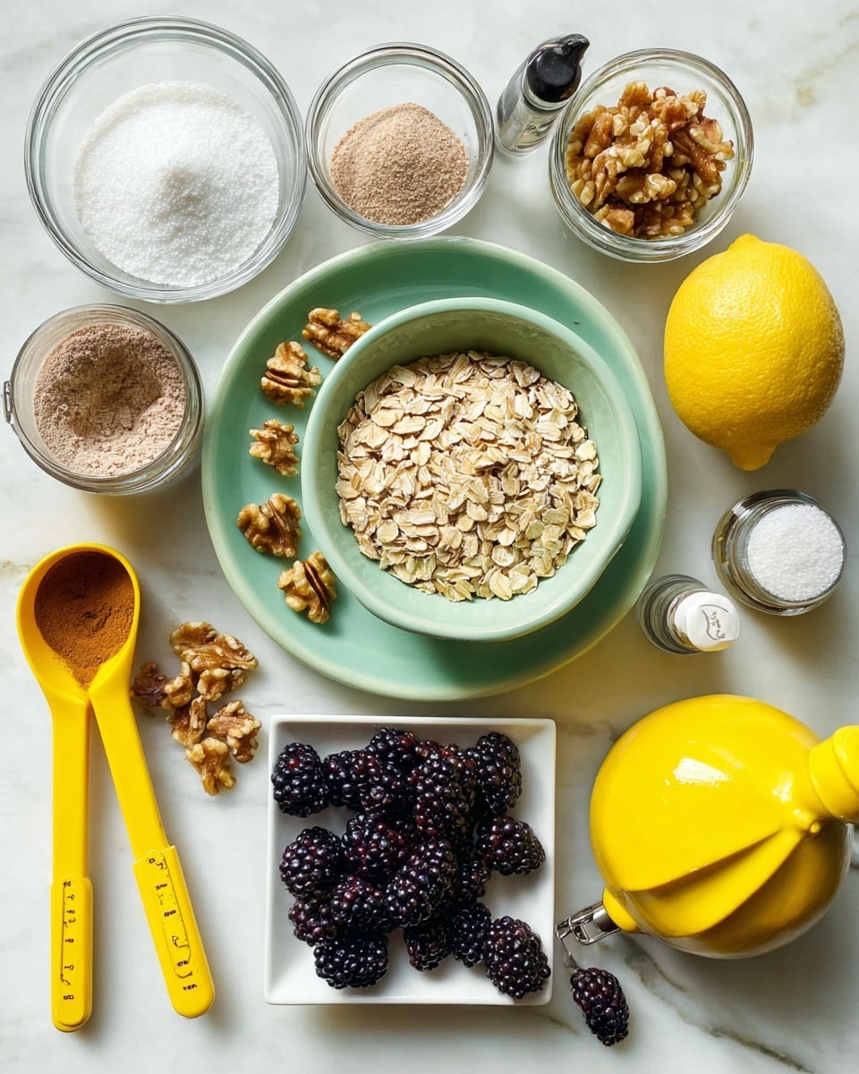 The image shows various ingredients arranged neatly on a white marbled surface. In the center, a pale green bowl sits on a matching plate, filled with light brown rolled oats. Next to it on the plate is a small pile of chopped walnuts with a rough texture. Surrounding these are small glass dishes filled with white granulated sugar and baking powder, a measuring cup with brown almond flour, and a half cup of light brown sugar. A yellow citrus juicer and a whole bright yellow lemon are placed on the right side. Scattered around are fresh blackberries and a small white square bowl filled with more blackberries. Two bright yellow measuring spoons, one holding ground cinnamon, lie on the left side of the plate. There is also a small glass bottle with a dark liquid and a white jar with a spoon inside, all arranged cleanly with even lighting. Photo taken with an iphone --ar 4:5 --v 7