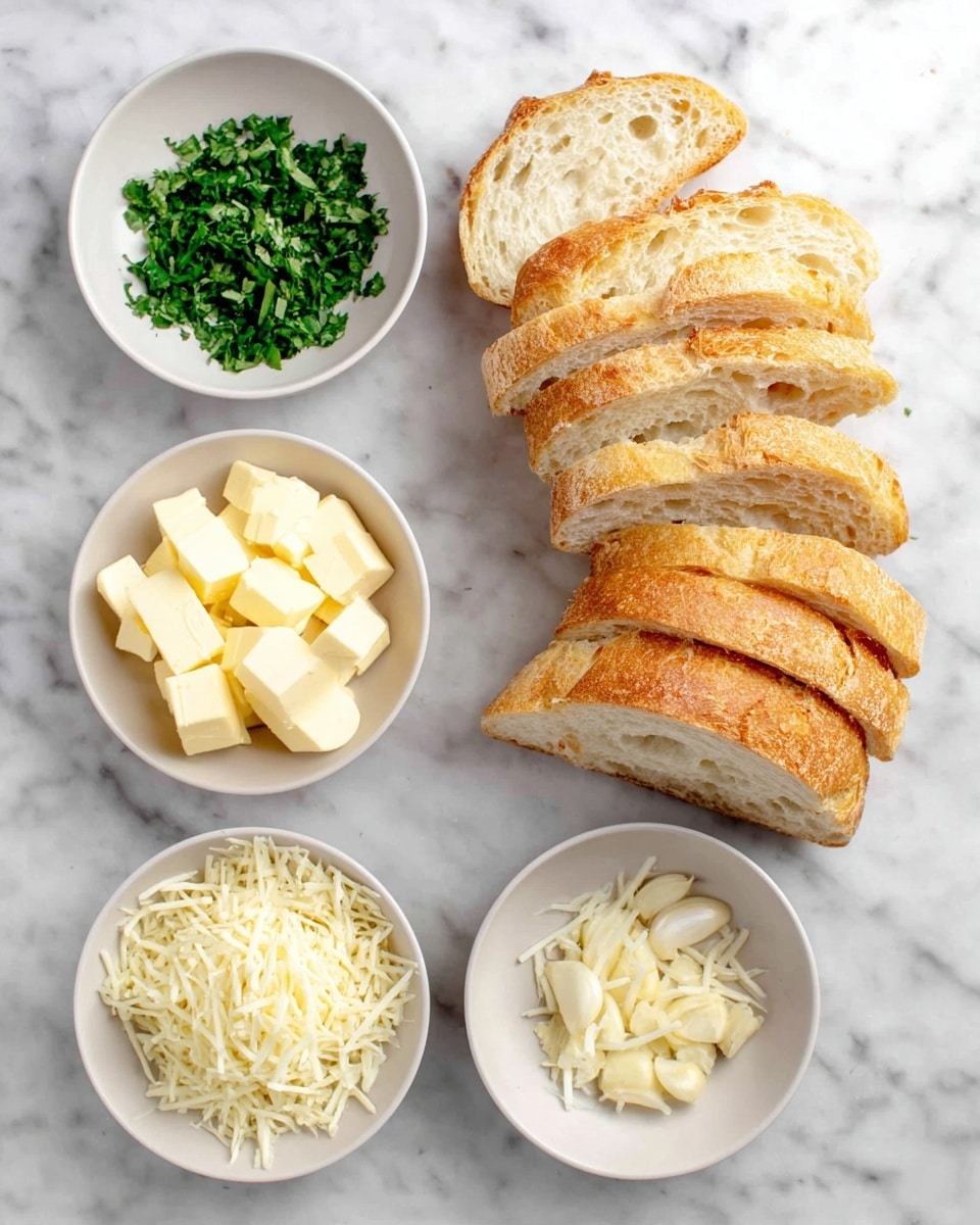 On a white marbled surface, there is a sliced loaf of bread with light golden crust and soft inside arranged in a curved shape on the right side. On the left, four small white bowls hold different ingredients: one filled with finely chopped green parsley, another with small cubes of pale yellow butter, a third with shredded white cheese, and the smallest bowl with minced garlic. The bowls are neatly spaced apart, and each ingredient has a distinct texture: fluffy cheese strands, smooth butter cubes, coarse garlic bits, and fresh green parsley leaves. Photo taken with an iphone --ar 4:5 --v 7