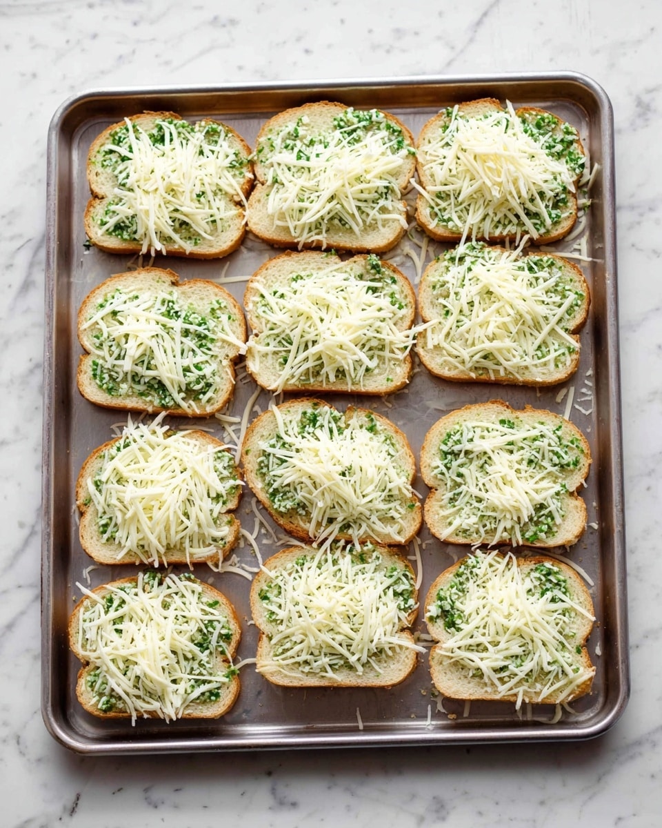 There is a baking tray with twelve slices of bread spread with a green herb mixture in the first layer, topped with a layer of shredded white cheese. The tray sits on a white marbled surface. The bread slices are arranged neatly in rows with some small gaps between them. The herb layer looks creamy with finely chopped green herbs visible, and the shredded cheese is unevenly spread but covers the herb mix well. Photo taken with an iphone --ar 4:5 --v 7