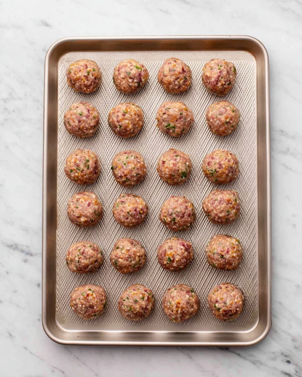 The image shows 27 uncooked meatballs placed evenly on a baking tray with a textured surface. Each meatball is round and filled with small visible pieces of herbs and vegetables, giving them a mixed color of pink, brown, and hints of orange and green from the ingredients inside. The tray is set on a white marbled surface, creating a clean and bright background. The meatballs have a slightly rough texture, indicating a mixture of ground meat and seasoning. Photo taken with an iphone --ar 4:5 --v 7