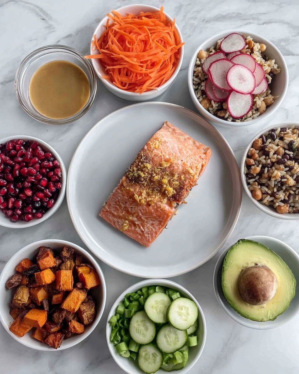 In the center, a piece of cooked salmon with a pink-orange color and a slightly crispy texture on a white round plate. Around it are small white bowls containing different ingredients: at top right, mixed brown and wild rice with a fluffy texture; top center has slices of red and white radish; top left shows shredded orange carrots; middle left has red pomegranate seeds; bottom left is filled with golden roasted chickpeas; below that, roasted brown sweet potato cubes with a slightly charred look; bottom center has chopped green onions; on the right side, sliced green cucumber rounds; and at the bottom right, a halved avocado showing its green flesh and large brown seed. At the top left corner, a small glass container holds light brown sauce. All items sit on a white marbled surface. photo taken with an iphone --ar 4:5 --v 7