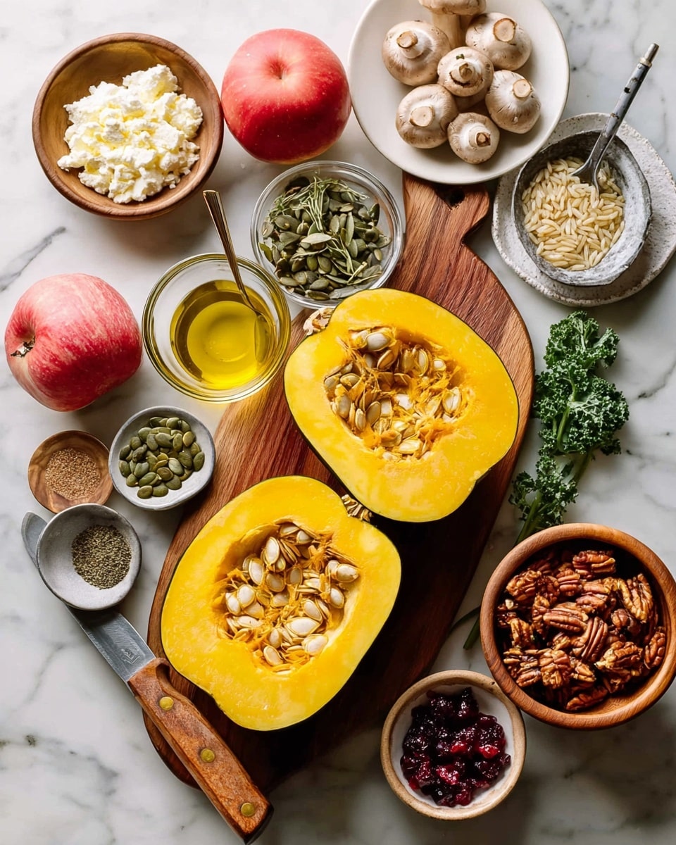 The image shows a wooden board on a white marbled surface with two halves of a bright yellow acorn squash, each filled with light brown seeds in the center. Around the squash, there is a small glass bowl of light yellow oil with a spoon inside, a whole red apple, a brown bowl filled with white crumbled cheese, and a clear bowl with chopped red onions. Fresh green herbs lay next to a bowl of brown mushrooms placed on a white plate, and a knife with a wooden handle is partially visible on the board. There are also small bowls containing green pumpkin seeds, dried dark red cranberries, and brown pecans, along with a metal cup of mixed wild rice and a small dish of mixed spices including salt and black pepper. The whole setup is lit naturally and arranged cleanly. Photo taken with an iphone --ar 4:5 --v 7
