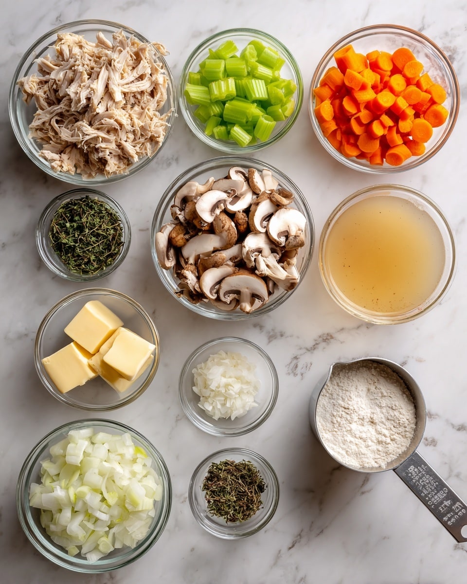 The image shows eleven clear glass bowls and measuring cups arranged on a white marbled surface. Starting from the top left, there is a bowl filled with shredded light brown cooked chicken. To the right, a small bowl holds bright green sliced celery. Next to it, another small bowl contains chopped orange carrots. Below the celery, a medium bowl is packed with sliced brown mushrooms showing the white inside. Below the mushrooms, a small bowl has two yellow butter cubes. In the center bottom, a tiny bowl contains green dried thyme leaves. To the right, a metal measuring cup is filled with white flour. Next to it, another medium bowl holds a pale yellow liquid labeled chicken broth. Below the mushrooms on the left, a medium bowl has diced white onions. Below the onions, a tiny bowl contains minced pale yellow garlic. Finally, near the bottom right corner, a very small bowl holds white salt and black pepper mix. Photo taken with an iphone --ar 4:5 --v 7