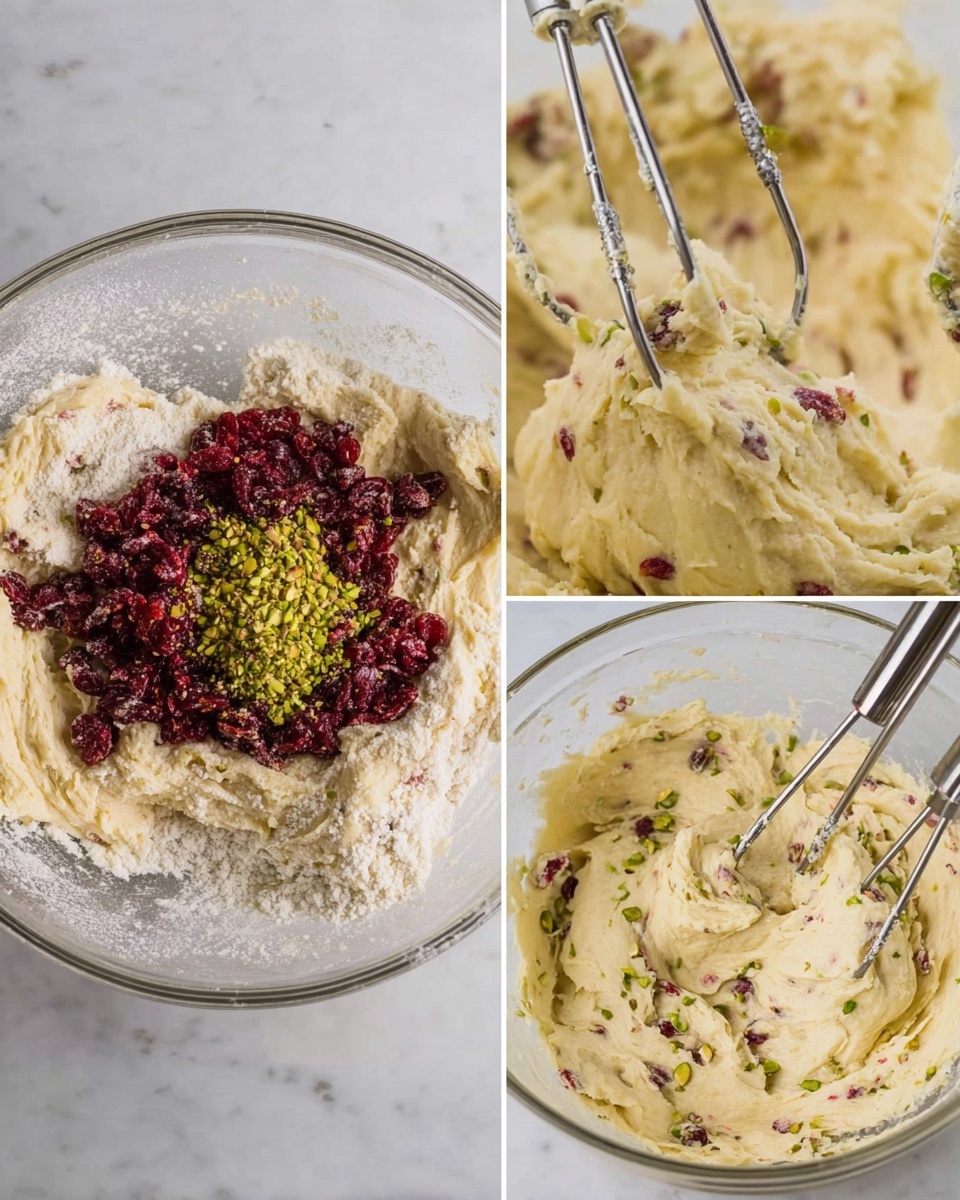 Cranberry Pistachio Snowballs Recipe 4 The image shows three steps of mixing dough in a clear glass bowl set on a white marbled surface. The largest section on the left shows a bowl filled with light beige dough, white flour dust, bright red dried cranberries piled in the center, and green chopped pistachios below them. The top right shows a close-up of creamy, smooth, pale yellow dough being mixed with silver beaters. The bottom right shows the same beaters mixing the dough, now speckled evenly with small pieces of red cranberries and green pistachios, creating a textured creamy mixture. photo taken with an iphone --ar 4:5 --v 7
