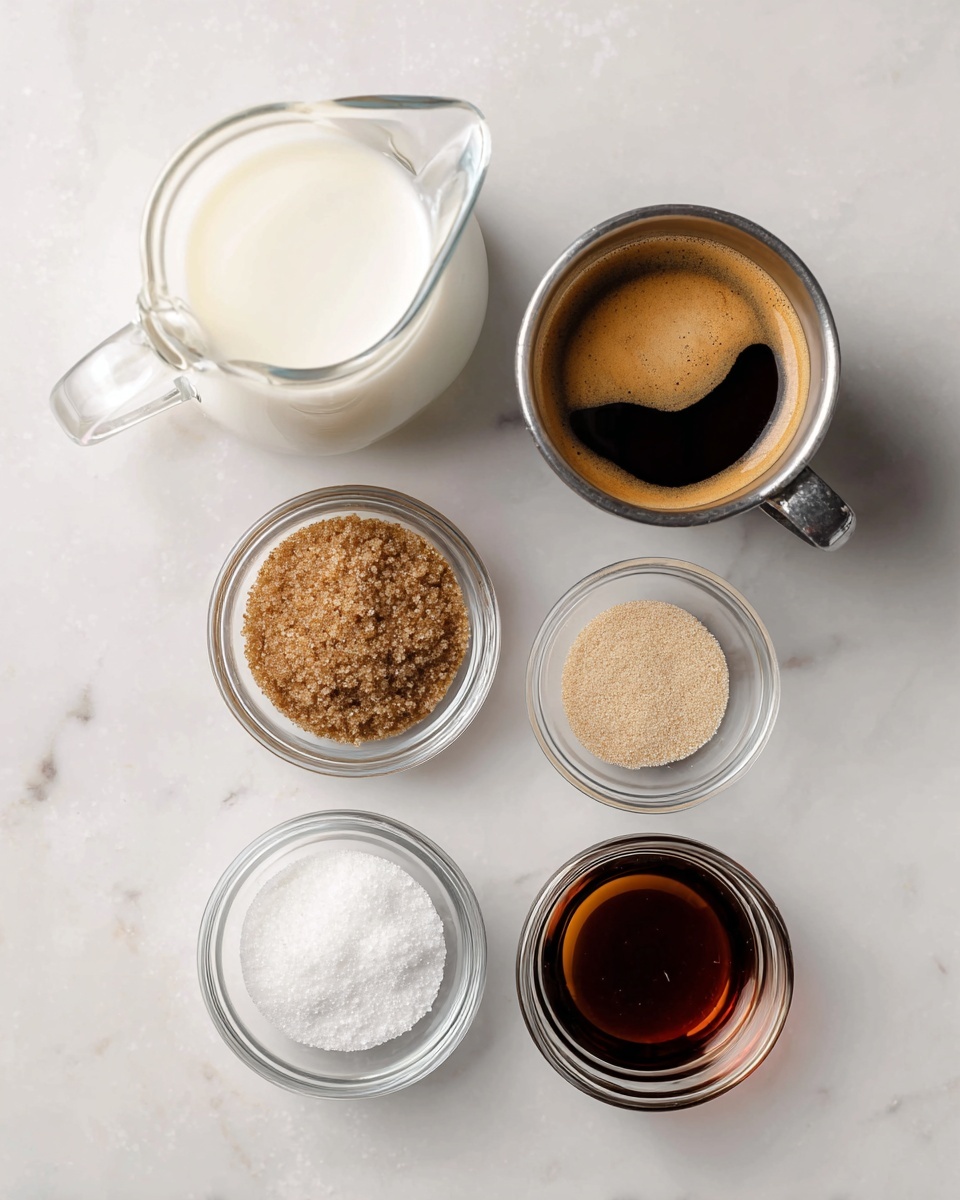 The image shows five clear glass containers arranged on a white marbled surface, each holding a different ingredient. At the top left, a small pitcher filled with white milk, with a clear handle. To its right, a metal cup with a handle containing a rich dark brown espresso with a light foam on top. Below the milk, a small round bowl with light brown granulated brown sugar. To the right of the sugar, another small glass bowl with dark amber vanilla liquid. At the bottom left, a small glass bowl holding a mix of white salt and finely ground light brown nutmeg powder. The containers are spaced apart cleanly and clearly labeled next to each one. Photo taken with an iphone --ar 4:5 --v 7