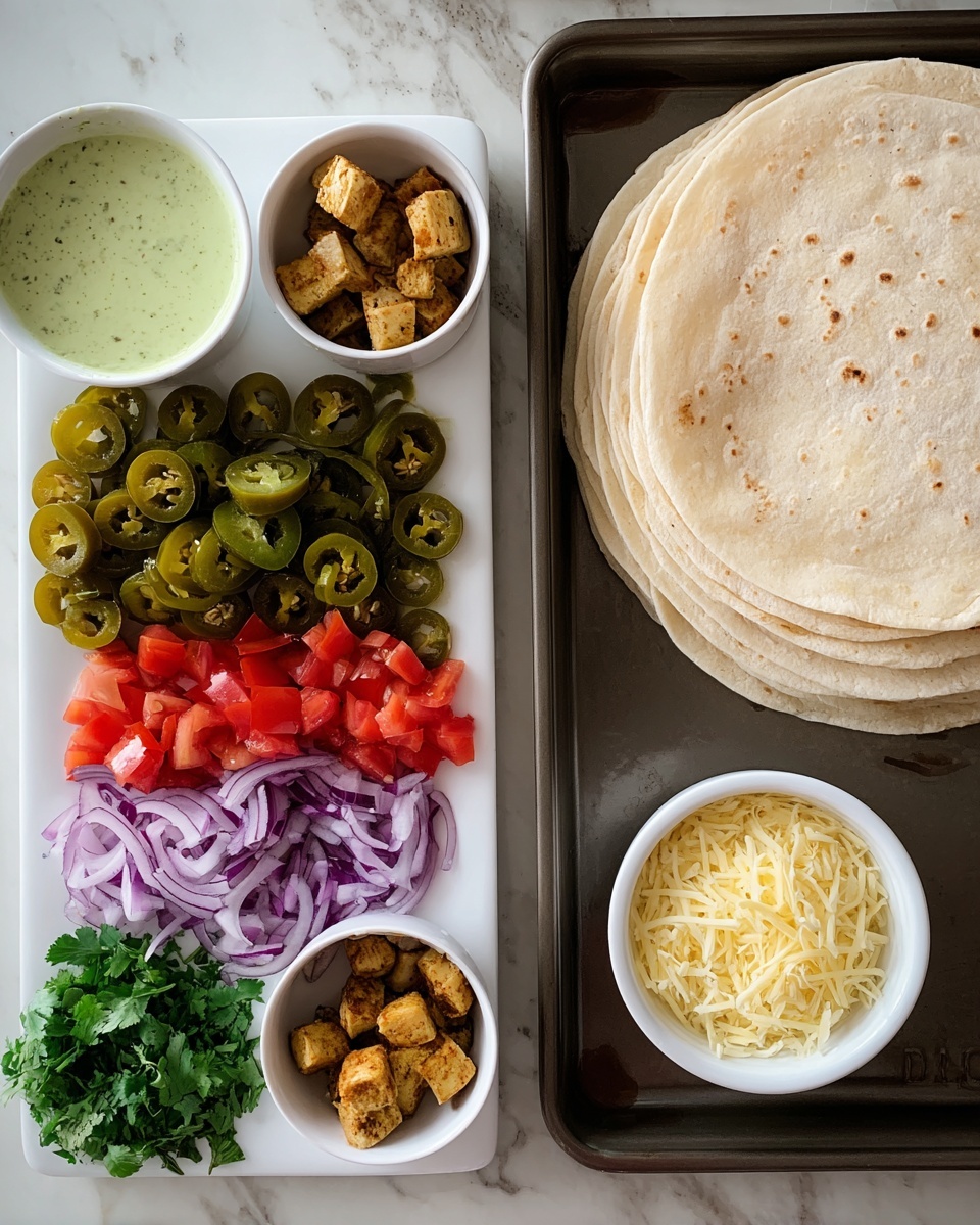 The image shows a white rectangular platter on the left with five sections from top to bottom: sliced green chili, round green jalapeno slices, thin purple onion slices, chopped fresh green cilantro, and diced red tomatoes. To the right, there is a stack of light beige soft tortillas on a dark tray. Above the tortillas are three small white bowls placed side by side: the left bowl has light green creamy sauce with specks of herbs, the middle bowl contains small golden brown cooked tofu cubes with seasoning, and the right bowl holds shredded white cheese. The whole scene is set on a white marbled surface. photo taken with an iphone --ar 4:5 --v 7