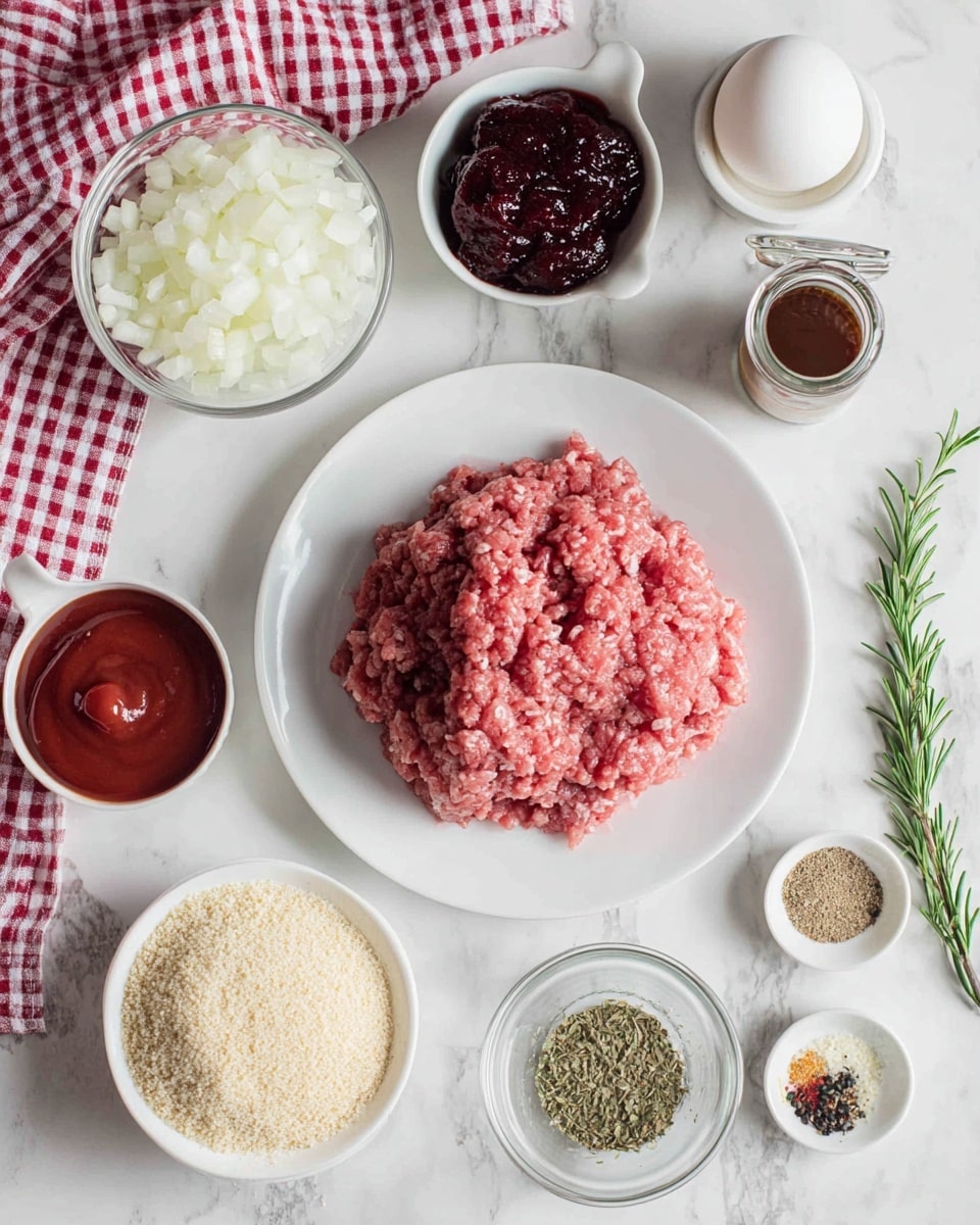 A white plate holds a mound of raw pink ground meat at the center. Surrounding it are several white bowls: one filled with finely chopped white onions at the top left, another with dark red chopped items at the top right, and one at the bottom left filled with light beige breadcrumbs. To the right of the meat, there is a small white bowl with red ketchup, a clear small jar filled with a dark brown sauce above it, and a white egg sitting in a white egg holder further up. Two small white bowls hold mixed spices and herbs on the right side near the egg, with a sprig of fresh green rosemary lying diagonally near the bottom. A glass container with white creamy sauce sits on the left. A red and white checked cloth is in the top left corner, and everything is on a surface with a white marbled texture. Photo taken with an iphone --ar 4:5 --v 7
