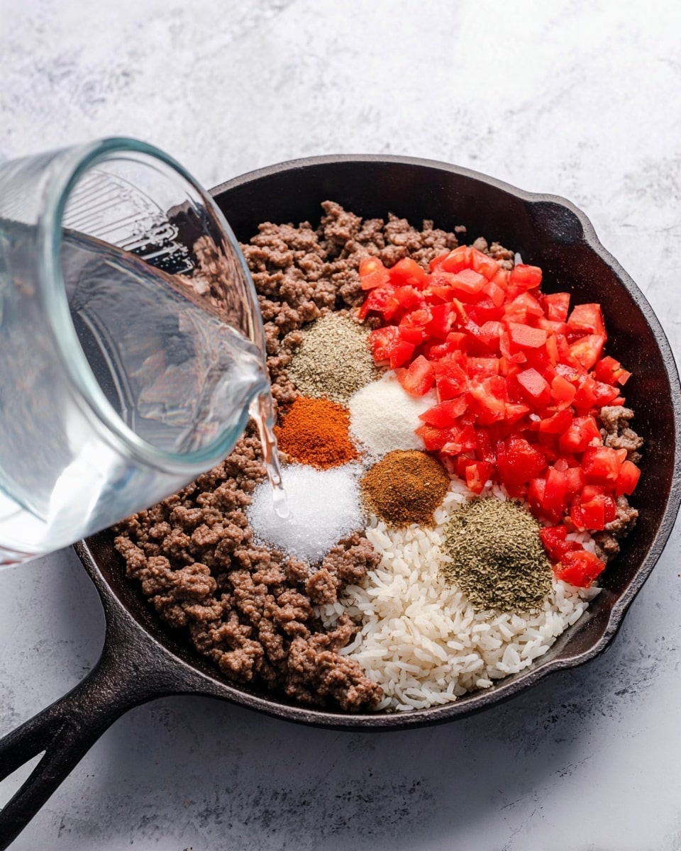 In a black cast iron skillet on a white marbled surface, there is a layered arrangement of ingredients: cooked ground beef covering half the pan, white rice on one side, and diced red tomatoes over the rice. On top of these layers, several types of spices are placed in separate small piles including brown chili powder, white salt, black pepper, ground cumin, garlic powder, and dried herbs. A clear glass measuring cup held by a woman's hand is pouring water into the skillet from the side. The colors are rich with the brown beef, bright red tomatoes, white rice, and multicolored spices all distinct and textured. photo taken with an iphone --ar 4:5 --v 7