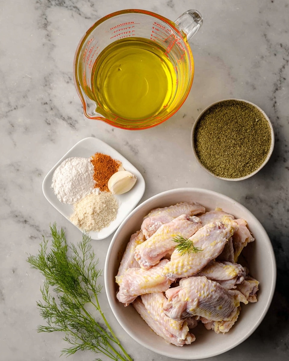 The image shows three main parts on a white marbled surface: a clear glass measuring cup filled with yellow oil and a whole garlic clove inside, a white plate with four small piles of spices and flour in colors of light brown, white, beige, and green, and a white bowl filled with many raw chicken wings that are pale pink with some yellow skin visible, topped with a small sprig of green dill. Some green dill sprigs lie near the measuring cup. The photo is taken from above, capturing all items clearly. photo taken with an iphone --ar 4:5 --v 7