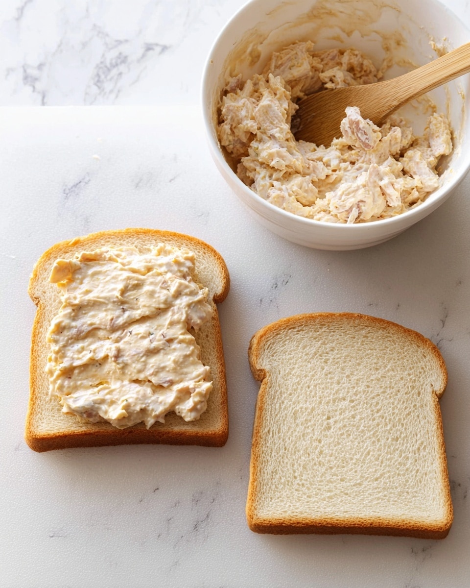 The image shows two slices of soft, light brown sandwich bread placed side by side on a white marbled surface. The slice on the left has a thick, uneven layer of creamy, beige chicken salad spread on it with visible bits of white and light brown mixed in, giving it a chunky texture. The slice on the right is plain without any spread. Above the bread, there is a white bowl filled with more chicken salad and a wooden spoon resting inside. The overall scene is bright and clean, focused on the preparation stage of a sandwich photo taken with an iphone --ar 4:5 --v 7