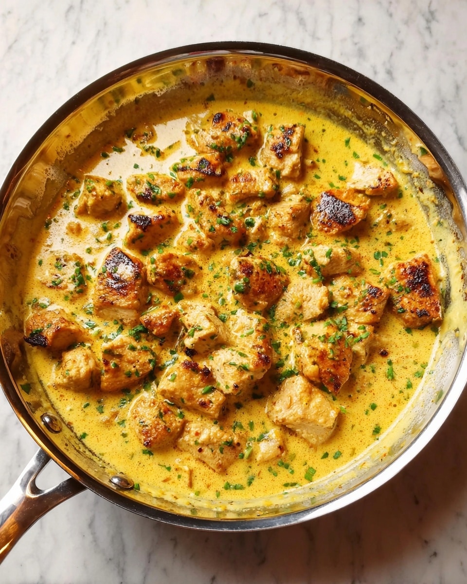 In a silver pan with a shiny surface, there are many small pieces of light brown cooked chicken covered in a thick yellow sauce with green herbs sprinkled on top. The chicken pieces appear soft and juicy with charred edges, and the sauce looks creamy with a smooth texture. The pan is placed on a white marbled surface that brightens the scene. Photo taken with an iphone --ar 4:5 --v 7