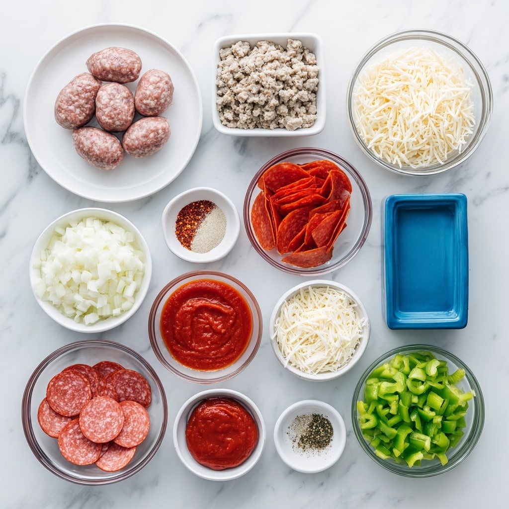 A top view of cooking ingredients arranged neatly on a white marbled surface, including a white plate with raw Italian sausage at the top left and a blue box of short pasta to the right. Below the sausage, small clear bowls hold Italian seasoning, minced garlic, and red pepper flakes in a row. Next to them is a clear bowl filled with sliced pepperoni, and below that a larger clear bowl with chopped white onion. To the right of the onions is a clear bowl with shredded mozzarella cheese. Beneath the pepperoni bowl is a small bowl of red tomato paste, while to the right of the onion bowl is a bowl filled with chopped green bell pepper. At the bottom left is a small bowl of grated parmesan cheese, and to the right of all bowls sits a blue carton of chicken broth. photo taken with an iphone --ar 4:5 --v 7