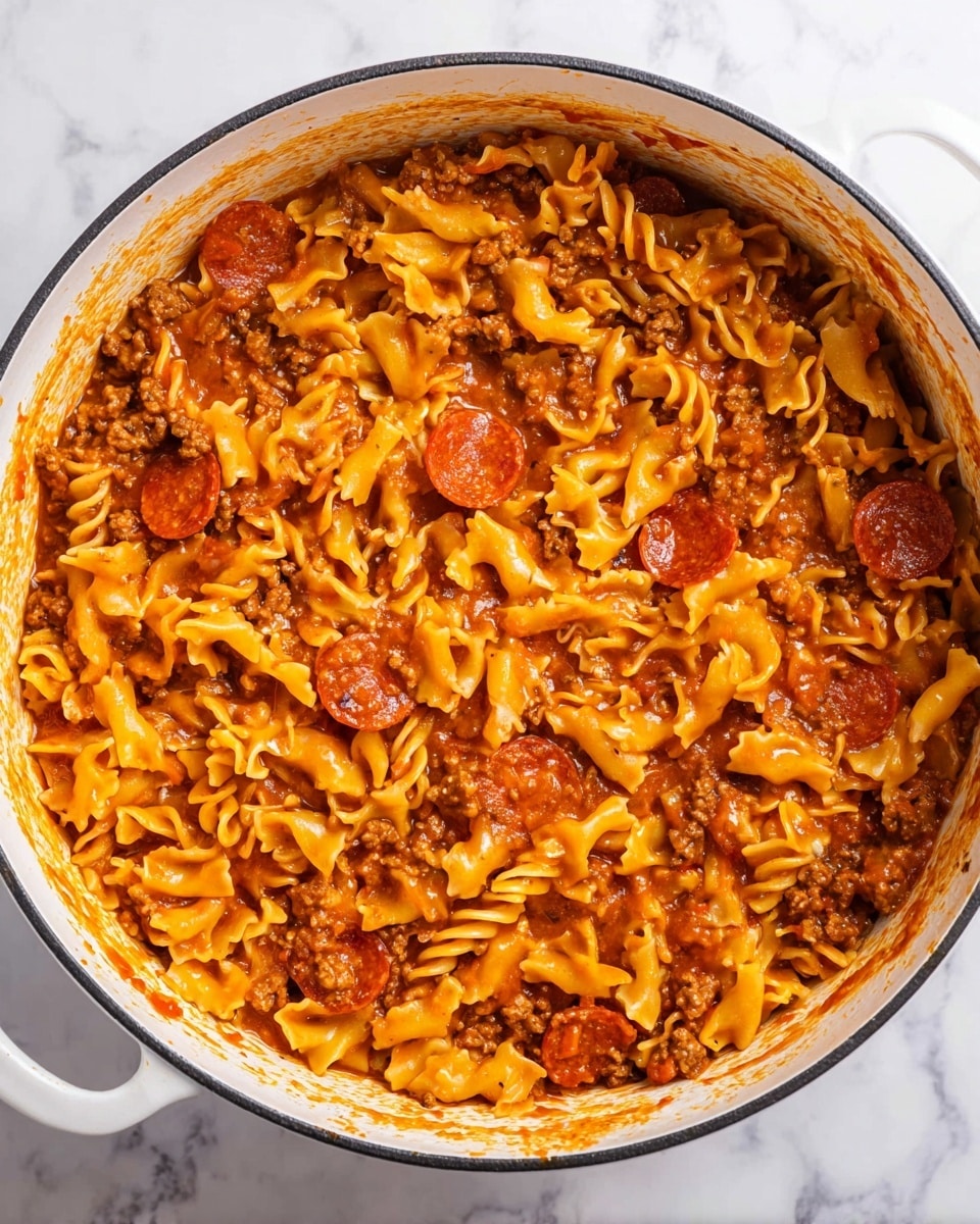 A large white pot filled with cooked pasta covered in a thick red tomato sauce, with pieces of sliced pepperoni mixed in. Scattered ground meat is visible, blending into the sauce and pasta. The pasta is short and tube-like with ruffled edges, coated evenly in the orange-red sauce. The inside of the pot rim and sides show some sauce stains, and the pot sits on a white marbled surface. photo taken with an iphone --ar 4:5 --v 7