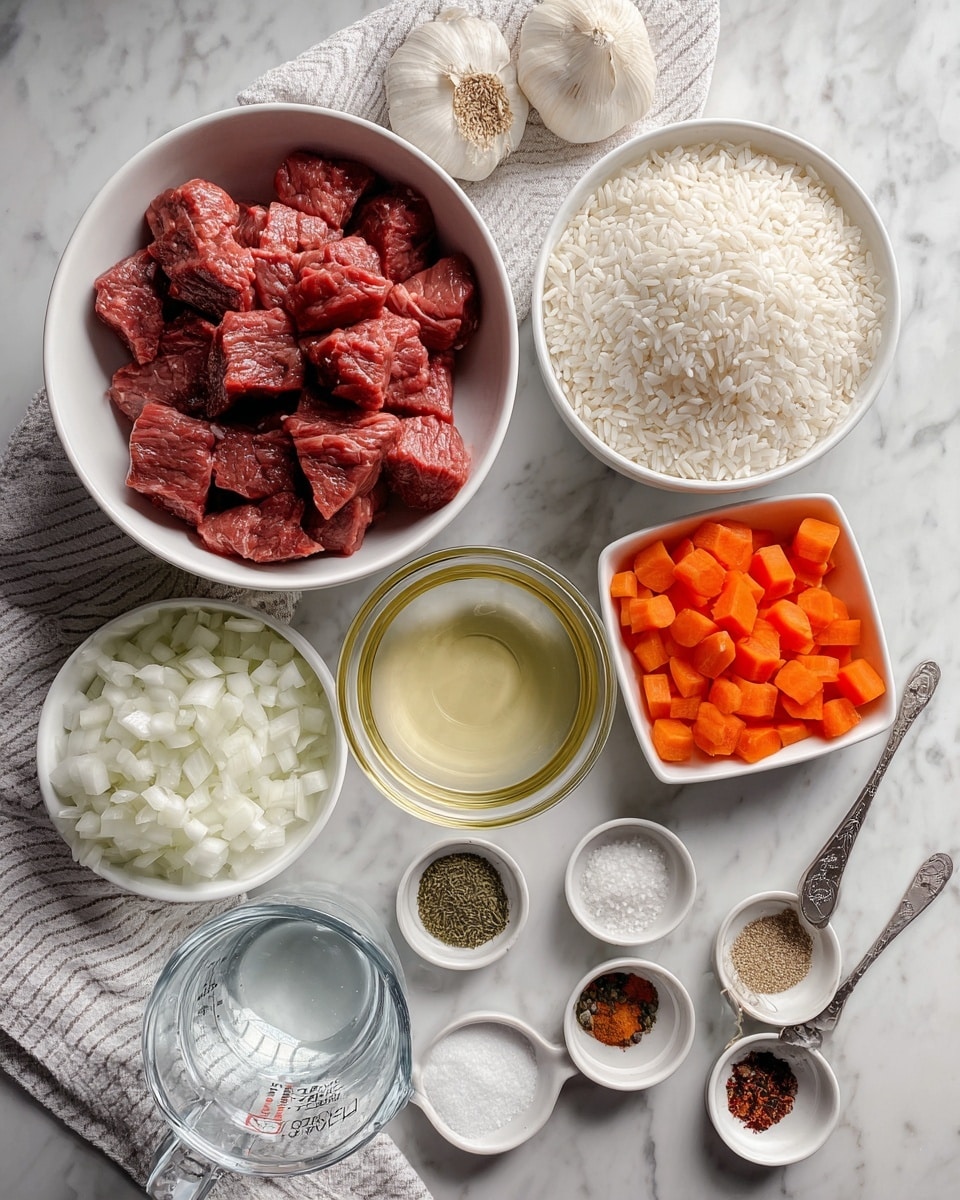The image shows a top view of several ingredients placed on a white marbled surface with a light gray and white striped cloth underneath some items. There are nine main groups: a large white bowl filled with raw, deep red beef pieces positioned in the upper center; to the left of it, a large white bowl full of raw white rice grains; below the rice, a white bowl with chopped white onions. A square white dish on the right side contains chopped bright orange carrots. Above the carrots, a small clear glass bowl holds pale yellow oil. Near the top center, two garlic heads rest on the cloth. A clear glass measuring cup with water is placed below the rice. Scattered between the bowls are four spoons with different spices in shades of brown, green, and dark red. A small glass bowl with white salt is near the carrots. Photo taken with an iphone --ar 4:5 --v 7