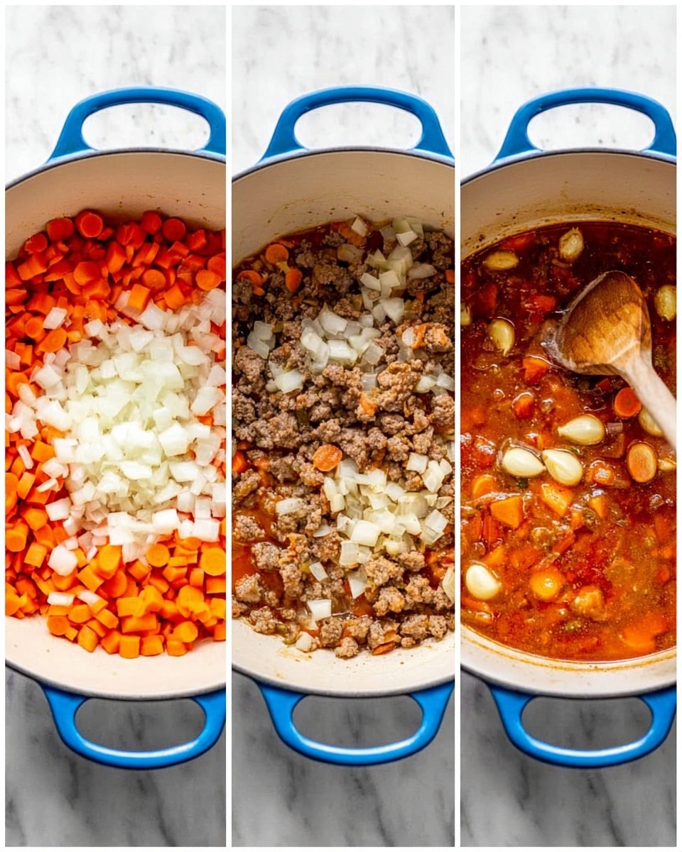 Three side-by-side images show the cooking stages of a stew in a white pot with blue handles on a white marbled surface. The first image has a single layer of chopped white onion and orange carrot sticks that are soft and fresh, spread across the bottom of the pot. The second image shows a mixed layer where small brown pieces of browned meat are combined with the carrots, cooked together with a wooden spoon resting on the edge. The third image shows the stew simmering in red-orange broth with small meat chunks, whole garlic cloves, and carrot pieces floating on top, creating a rich, hearty look. photo taken with an iphone --ar 4:5 --v 7