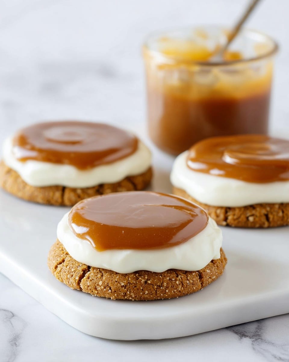 The image shows several round cookies arranged on a white marbled surface. Each cookie has two clear layers on top: a thick white cream layer closest to the cookie, smooth and evenly spread in a perfect circle, and a shiny caramel-colored layer placed neatly on top of the white cream, slightly smaller in diameter but also perfectly round and smooth. The cookies themselves have a crumbly texture and a light golden-brown color with small cracks visible on their sides. In the background, a jar containing more caramel sauce can be seen, blurred but adding context to the image. The photo is taken with an iphone --ar 4:5 --v 7