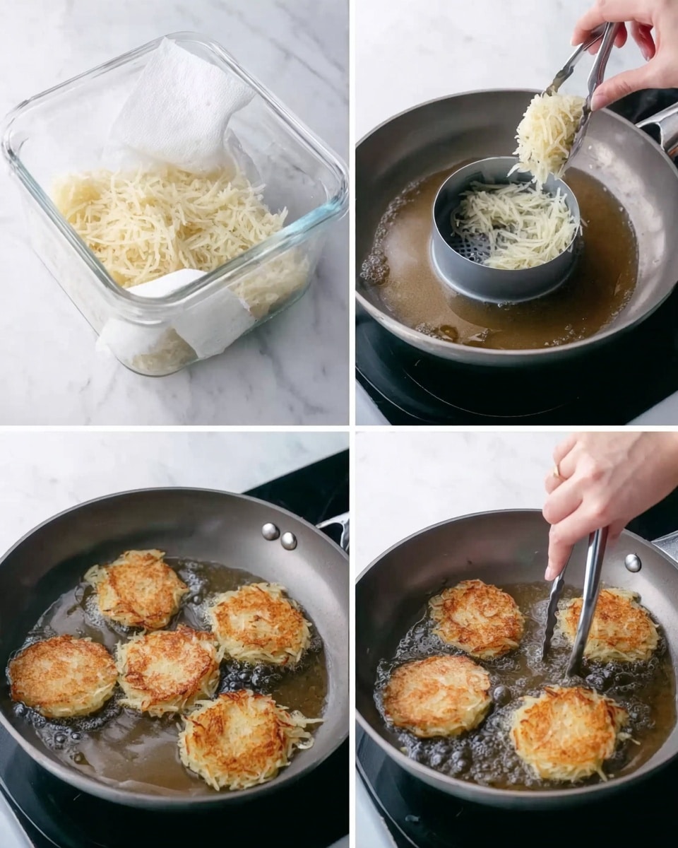 The image set shows the process of cooking small round potato pancakes. In the first picture, shredded potatoes sit inside a clear container with a white paper towel on top. The second shows a woman's hand holding a scoop of potato mixture over a small round metal mold in a frying pan with oil. The third image shows the woman's hand using tongs to press and shape the potato mix inside the mold in the pan. The last image shows four small golden-brown potato pancakes frying in the oil, coming to a crispy texture. The cooking surface features a white marbled texture. Photo taken with an iphone --ar 4:5 --v 7