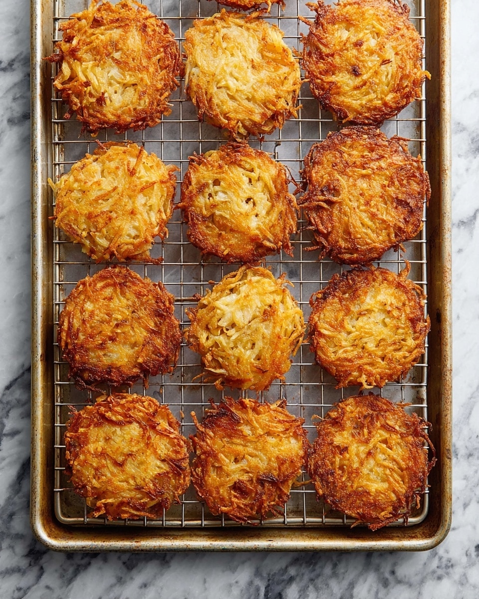 The image shows a single metal baking tray with a rack inside, holding fifteen golden brown round potato latkes, each about the size of a palm, crispy on the outside with thin visible strands of shredded potato. The latkes have an uneven, textured surface with some darker crispy edges, arranged in a loose grid with some overlapping slightly. The background under the tray is a white marbled texture. photo taken with an iphone --ar 4:5 --v 7