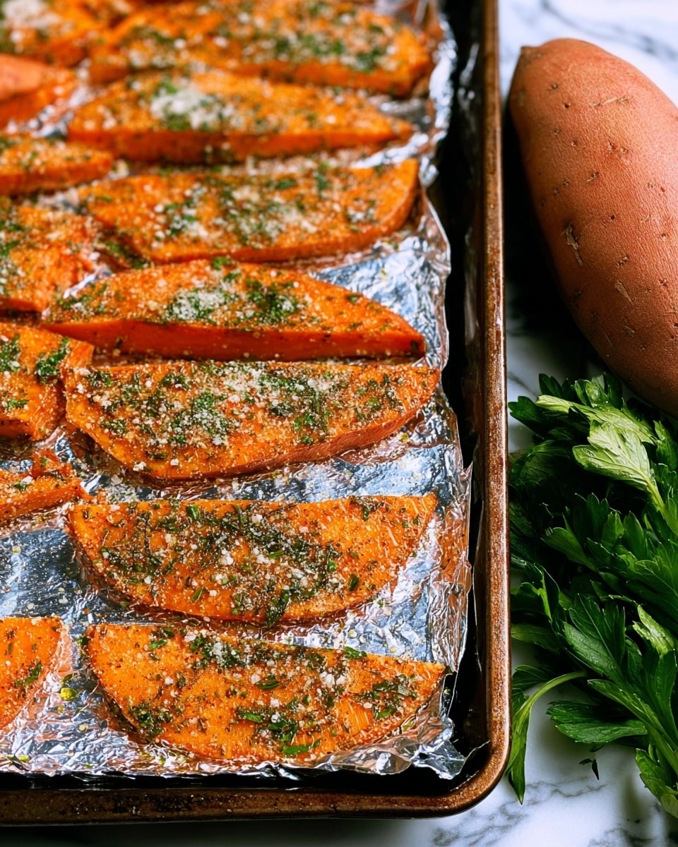The image shows a dark metal baking tray lined with shiny aluminum foil, holding several slices of orange sweet potato wedges. Each wedge is covered evenly with a layer of green herbs, visible small white crumbs, and light seasoning, giving the wedges a textured, slightly rough surface. The wedges are arranged in rows, slightly spaced apart, with some overlap. On the right side of the tray, there is a whole sweet potato, tall and round, with a smooth orange-brown skin, resting on a white marbled surface. Green leafy stems peek out beneath the sweet potato, adding a touch of fresh color. The photo taken with an iphone --ar 4:5 --v 7