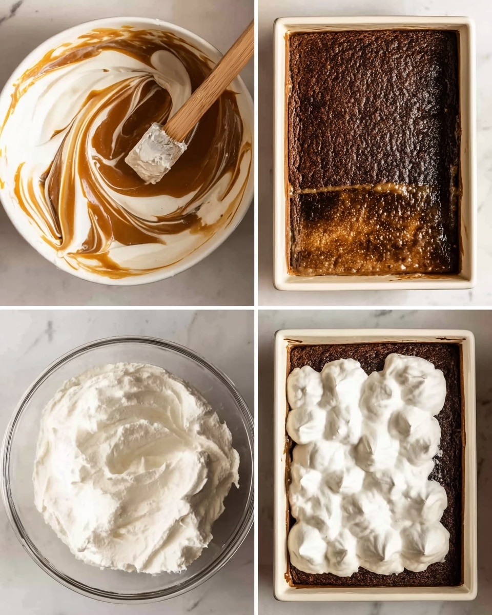 The image is divided into four equal parts, each showing a step in making a dessert. The top left part shows a white bowl with a mix of white cream and brown caramel swirled together with a wooden spoon resting inside. The top right part shows a square white baking pan filled with a baked dark brown cake with a slightly glossy, uneven top, sitting on a white marbled surface. The bottom left part shows a clear glass bowl filled with thick, fluffy white whipped cream that looks smooth and soft. The bottom right part shows the same white square baking pan with the dark brown cake now topped with several large dollops of white whipped cream, spread unevenly over one side of the cake. Photo taken with an iphone --ar 4:5 --v 7