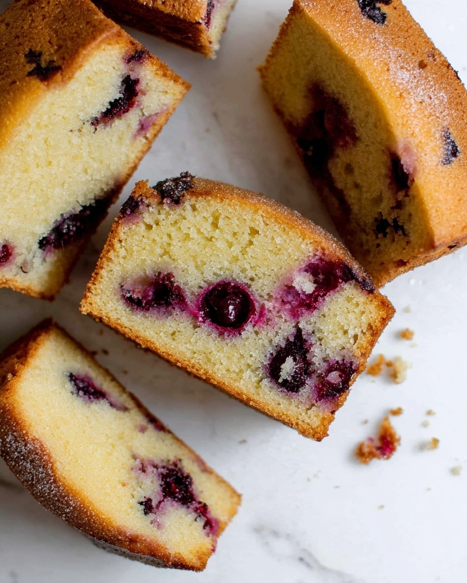 The image shows several pieces of a golden-brown cake with a soft, light yellow inside, dotted with dark purple and red berries. The cake slices have a slightly crispy crust and a moist texture with the berries spread unevenly throughout. The cake pieces sit on a white, marbled surface with some crumbs scattered around. One slice is in the center, showing a close-up of the vibrant berry filling inside. Photo taken with an iphone --ar 4:5 --v 7