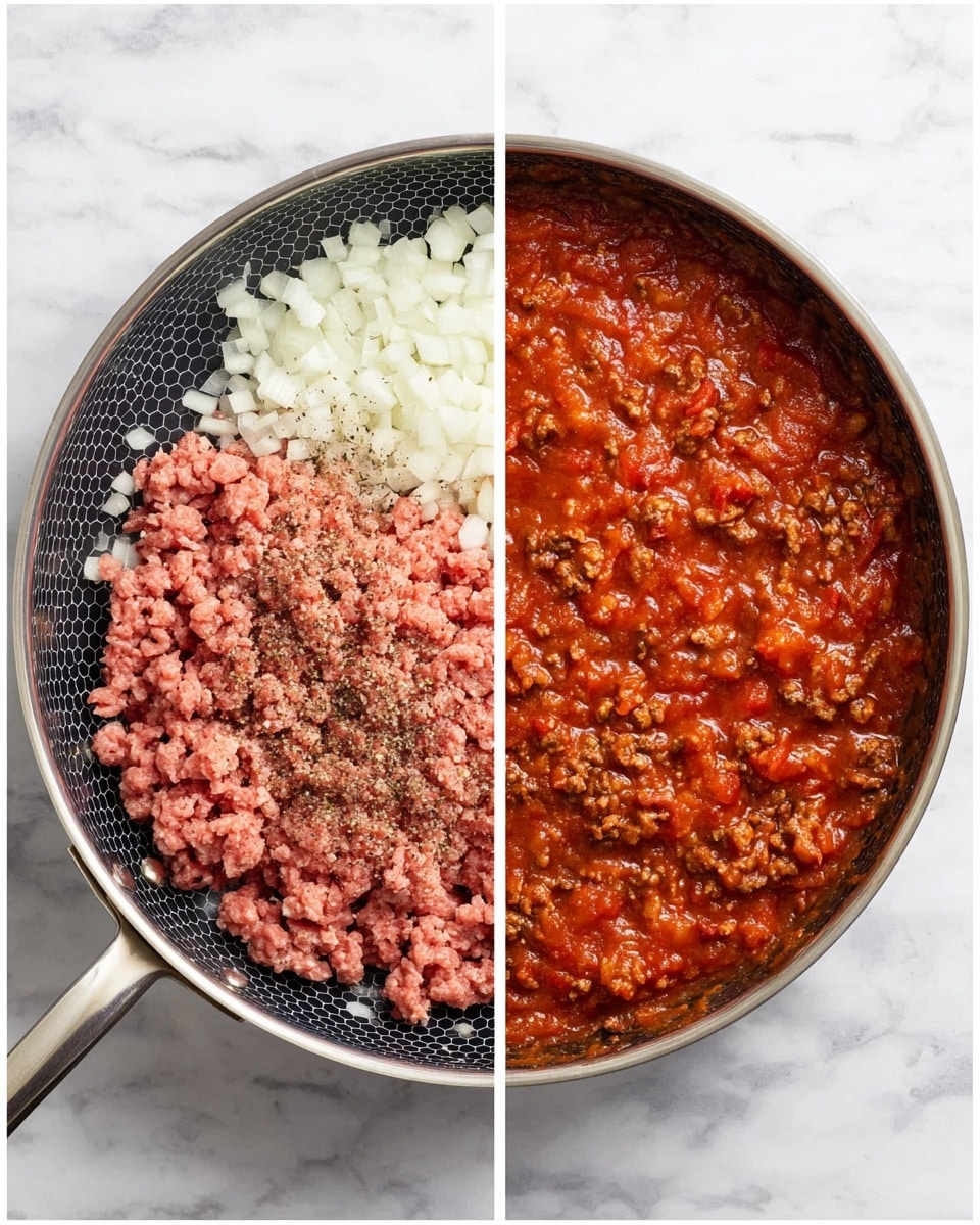 A round silver pan with a non-stick black hexagon pattern inside sits on a white marbled surface. In the left image, the pan holds raw ground meat in pink with some black pepper on top, alongside white chopped onions that cover nearly half the pan. The right image shows the same pan filled with cooked meat sauce, rich in texture with small chunks of meat and soft diced tomatoes in a thick red sauce that fills the pan evenly. Photo taken with an iphone --ar 4:5 --v 7