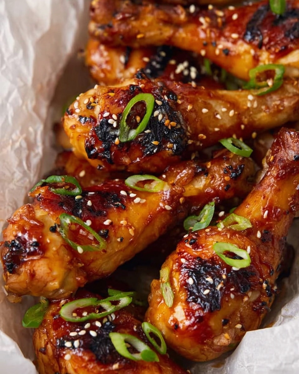 A white bowl lined with crinkled brown parchment paper holds many glazed chicken drumsticks, which are shiny with a rich, dark brown sauce and have a few charred spots. The drumsticks are sprinkled with white sesame seeds and thinly sliced green onion pieces, adding contrast and freshness. The scene is set on a white marbled surface. Photo taken with an iphone --ar 4:5 --v 7