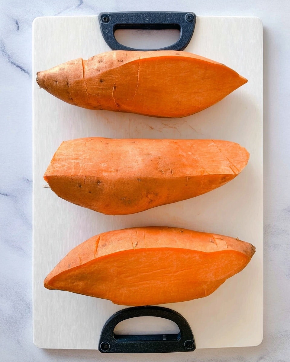 The image shows three peeled orange sweet potatoes placed side by side on a white cutting board with black handles at the top and bottom. The sweet potatoes are arranged vertically, showcasing their smooth, uneven surfaces with some light texture marks from peeling. The cutting board rests on a white marbled surface, creating a clean and bright background. Photo taken with an iphone --ar 4:5 --v 7