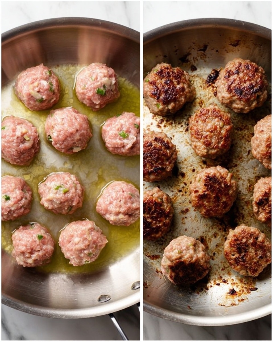 Two side-by-side images show the process of cooking meatballs in a shiny metal pan on a white marbled surface. The left image features 16 raw meatballs arranged in three loose rows, each pink with white and green bits mixed in, sitting in a light layer of oil. The texture looks soft and moist. The right image shows the same pan with 9 cooked meatballs browned on the outside, with dark brown crispy spots and some leftover cooked bits stuck to the pan, giving a rich color contrast. The meatballs appear firm and slightly smaller than in the first image. photo taken with an iphone --ar 4:5 --v 7