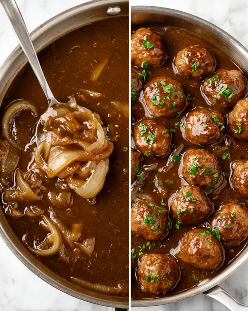 The image shows a shiny silver pan placed on a white marbled surface, filled with rich brown gravy that has soft, translucent cooked onions floating in it. A metal spoon is dipped into the gravy, lifting some onions and sauce, showing its thick, smooth texture. Next to it, the same pan is now filled with round, browned meatballs sitting in the same dark brown gravy with cooked onions. The meatballs are juicy with a slight crust, garnished with small pieces of fresh green herbs. Light reflects gently on the sauce, giving it a glossy look. photo taken with an iphone --ar 4:5 --v 7
