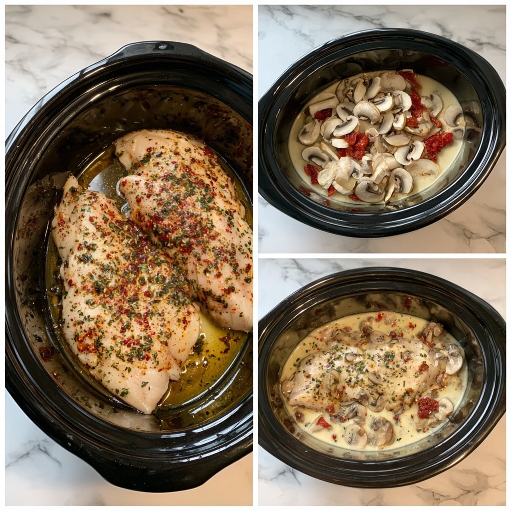 The image series shows a slow cooker with a food dish in three stages. In the first image, there are two large pieces of raw meat in a black inside slow cooker, seasoned with red and green spices, resting on a shiny layer of oil at the bottom. The second image shows the same cooker, now with the meat topped with many thin, white mushroom slices and small bright red tomato pieces, sprinkled with seasonings. In the third image, the dish is covered with a white creamy sauce with visible mushrooms and red tomato bits peeking through, all inside the slow cooker. The surface under the cooker has a white marbled texture. photo taken with an iphone --ar 4:5 --v 7