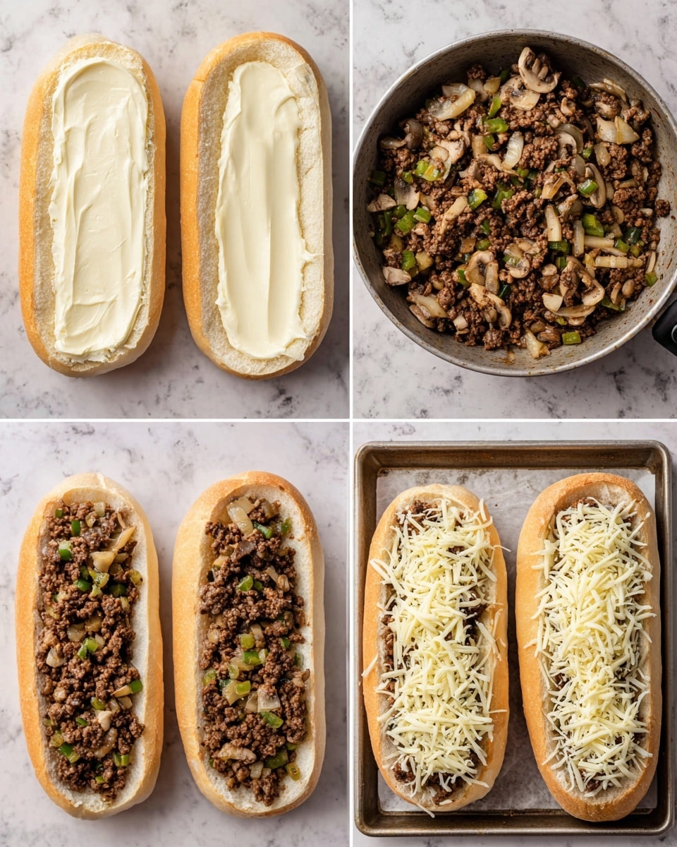 The image shows a step-by-step of making stuffed sandwich bread. First, two long white bread pieces are hollowed out and spread with a creamy white butter layer. Next, a pan filled with cooked ground beef mixed with chopped green peppers, onions, and mushrooms is shown. Then the cooked meat and vegetables are evenly spread inside the hollowed bread shells, placed on a baking tray. Finally, the filled bread is topped with a generous layer of shredded white cheese. The overall colors include creamy white bread, dark brown and green filling, and pale yellow shredded cheese, all on a white marbled texture surface. photo taken with an iphone --ar 4:5 --v 7